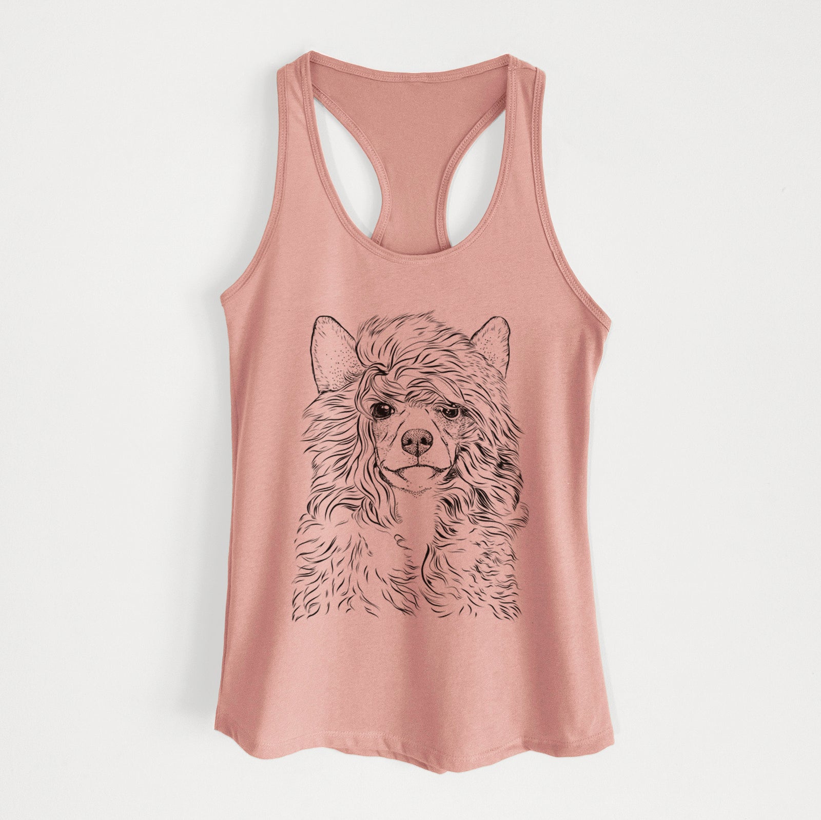 Hand-drawn sketch of Preston the Powderpuff Chinese Crested on a Desert Pink Women's racerback tanktop