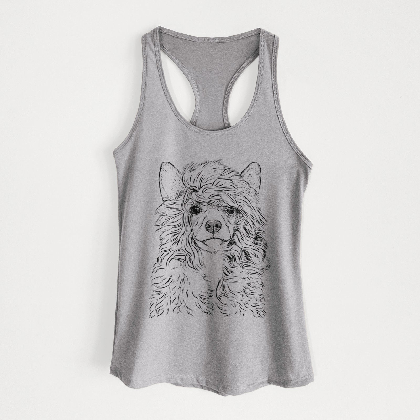 Hand-drawn sketch of Preston the Powderpuff Chinese Crested on a Heather Grey Women's racerback tanktop