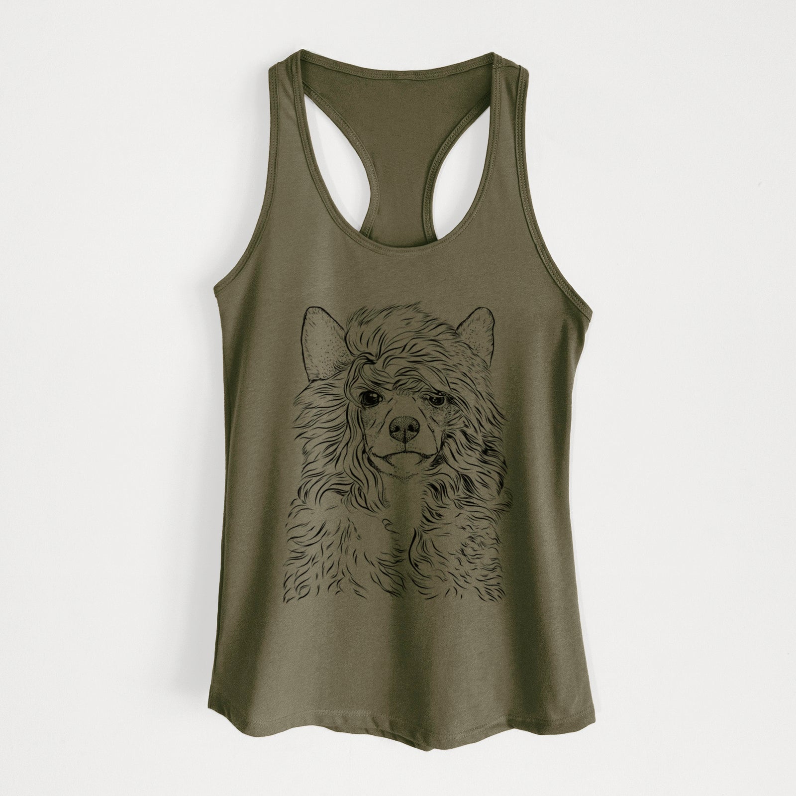 Hand-drawn sketch of Preston the Powderpuff Chinese Crested on a Military Green Women's racerback tanktop