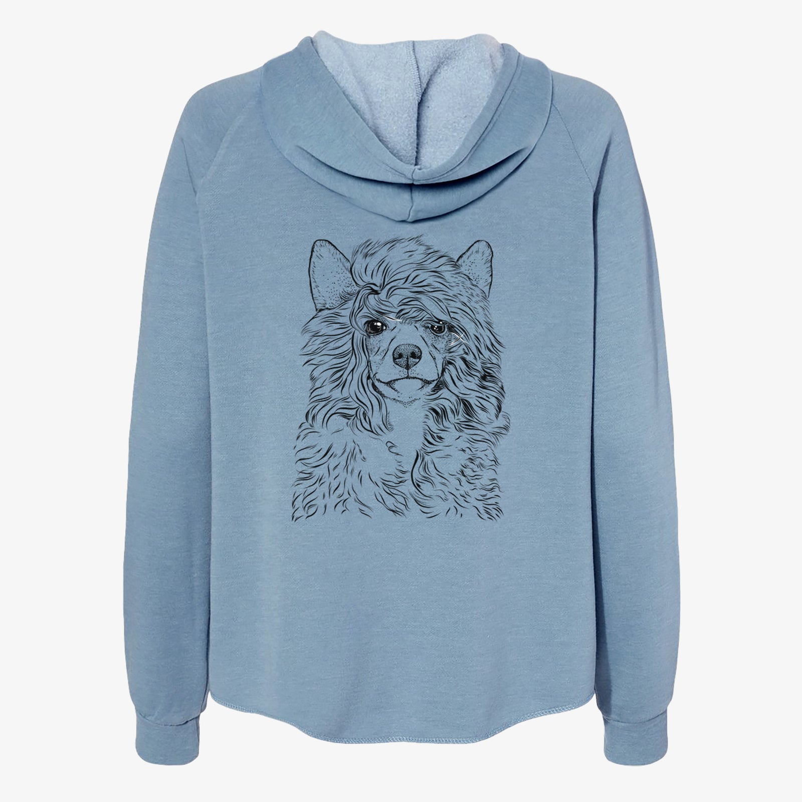Hand-drawn sketch of Preston the Powderpuff Chinese Crested on a Misty Blue Women's cali wave zip-up sweatshirt