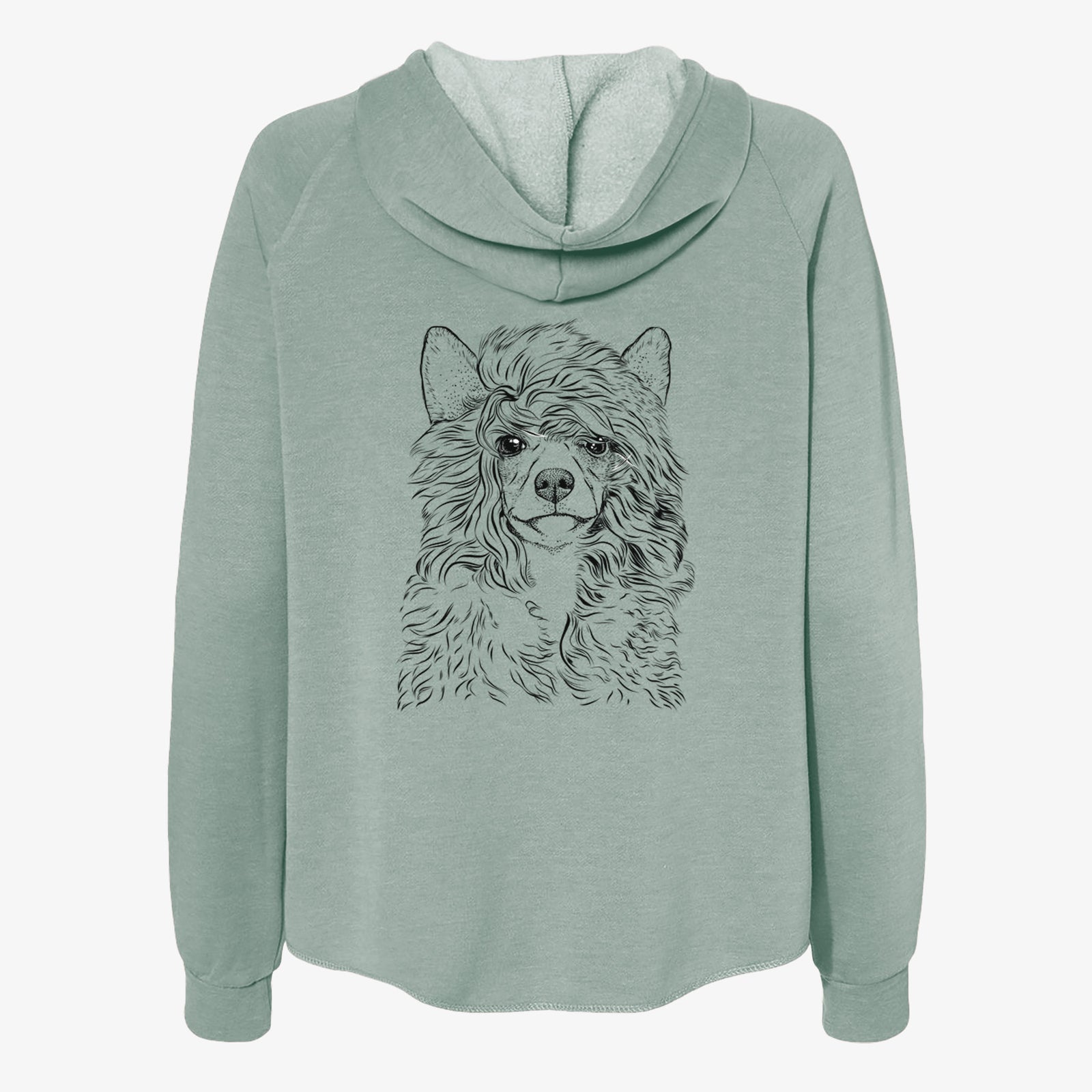 Hand-drawn sketch of Preston the Powderpuff Chinese Crested on a Sage Women's cali wave zip-up sweatshirt