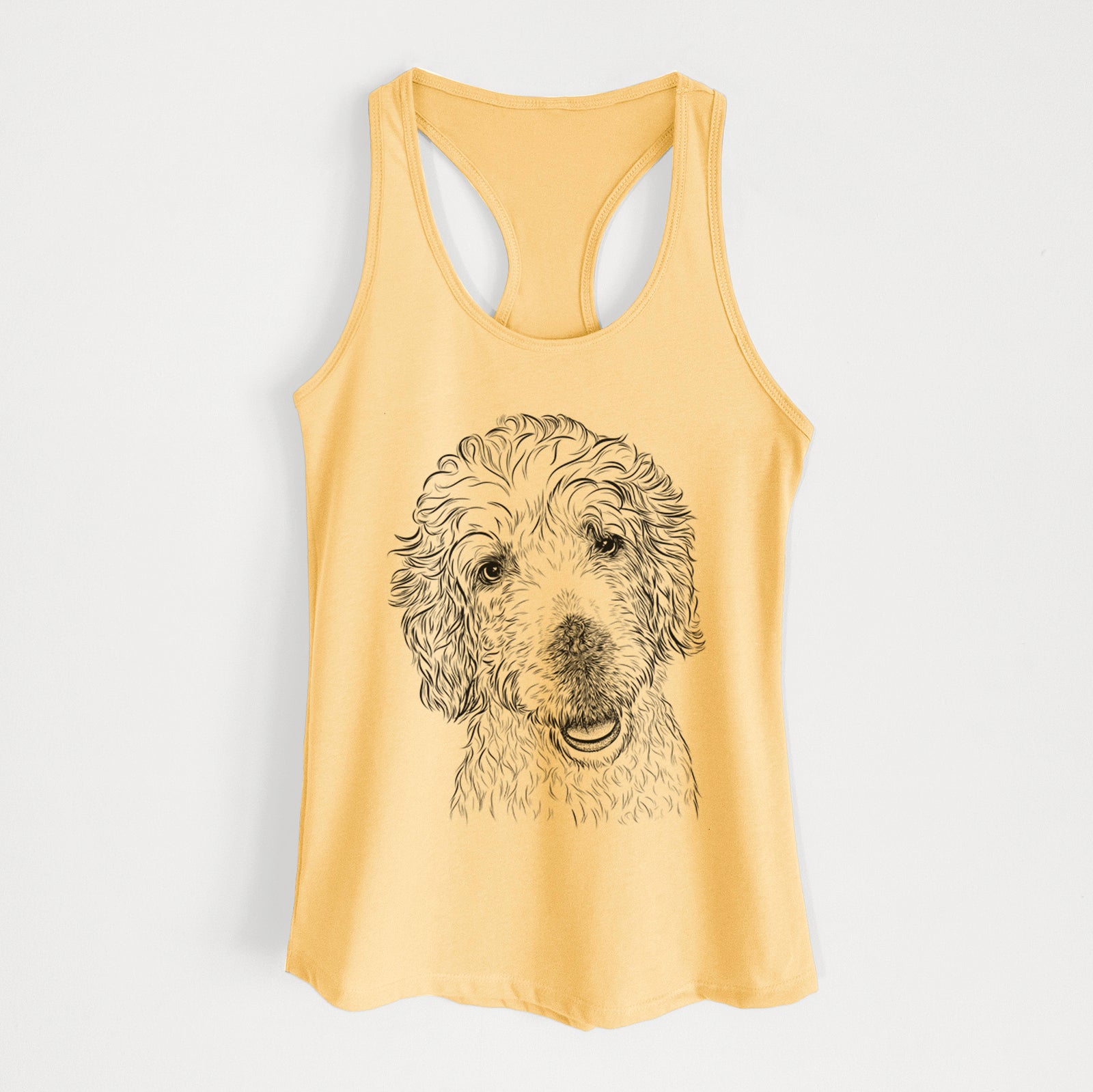 Hand-drawn sketch of Preston the Labradoodle on a Banana Cream Women's racerback tanktop