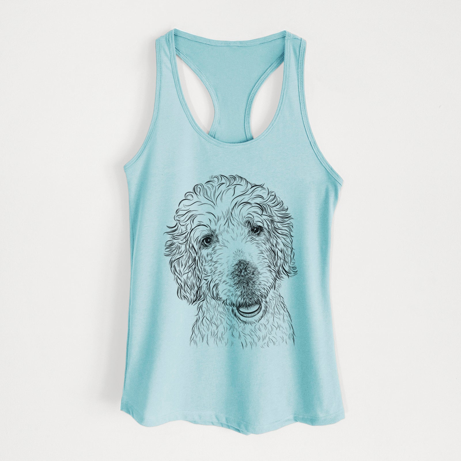 Hand-drawn sketch of Preston the Labradoodle on a Cancun Blue Women's racerback tanktop