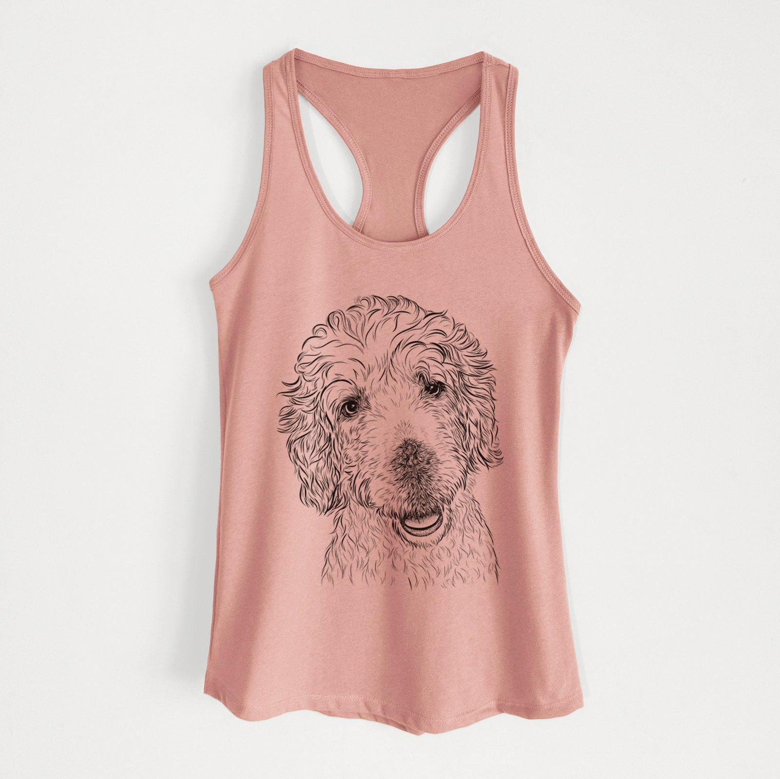 Hand-drawn sketch of Preston the Labradoodle on a Desert Pink Women's racerback tanktop
