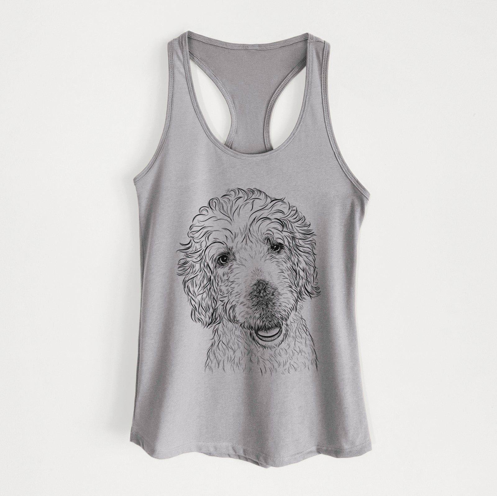 Hand-drawn sketch of Preston the Labradoodle on a Heather Grey Women's racerback tanktop