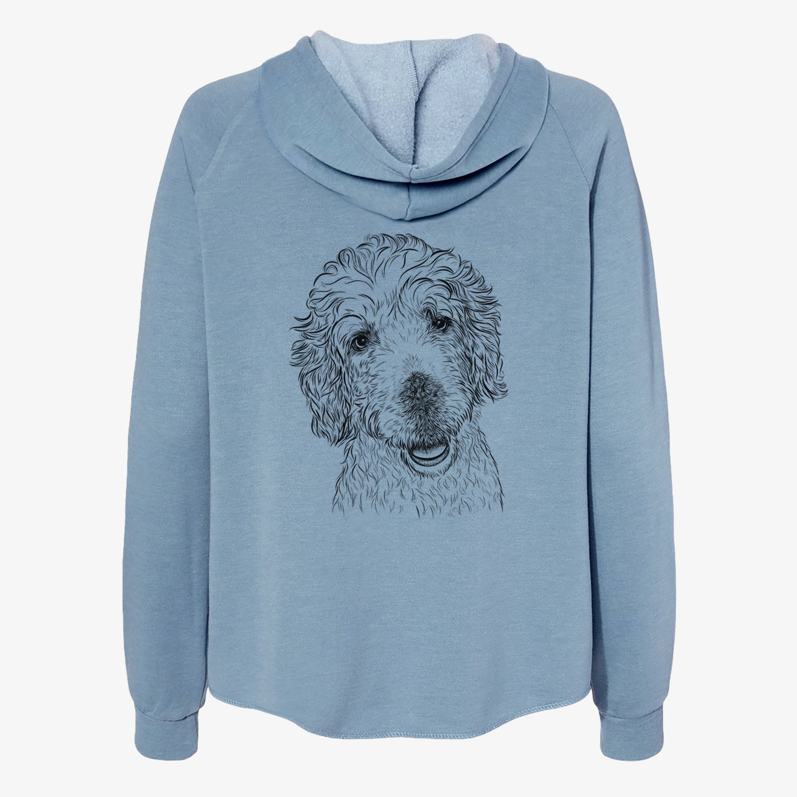 Hand-drawn sketch of Preston the Labradoodle on a Misty Blue Women's cali wave zip-up sweatshirt