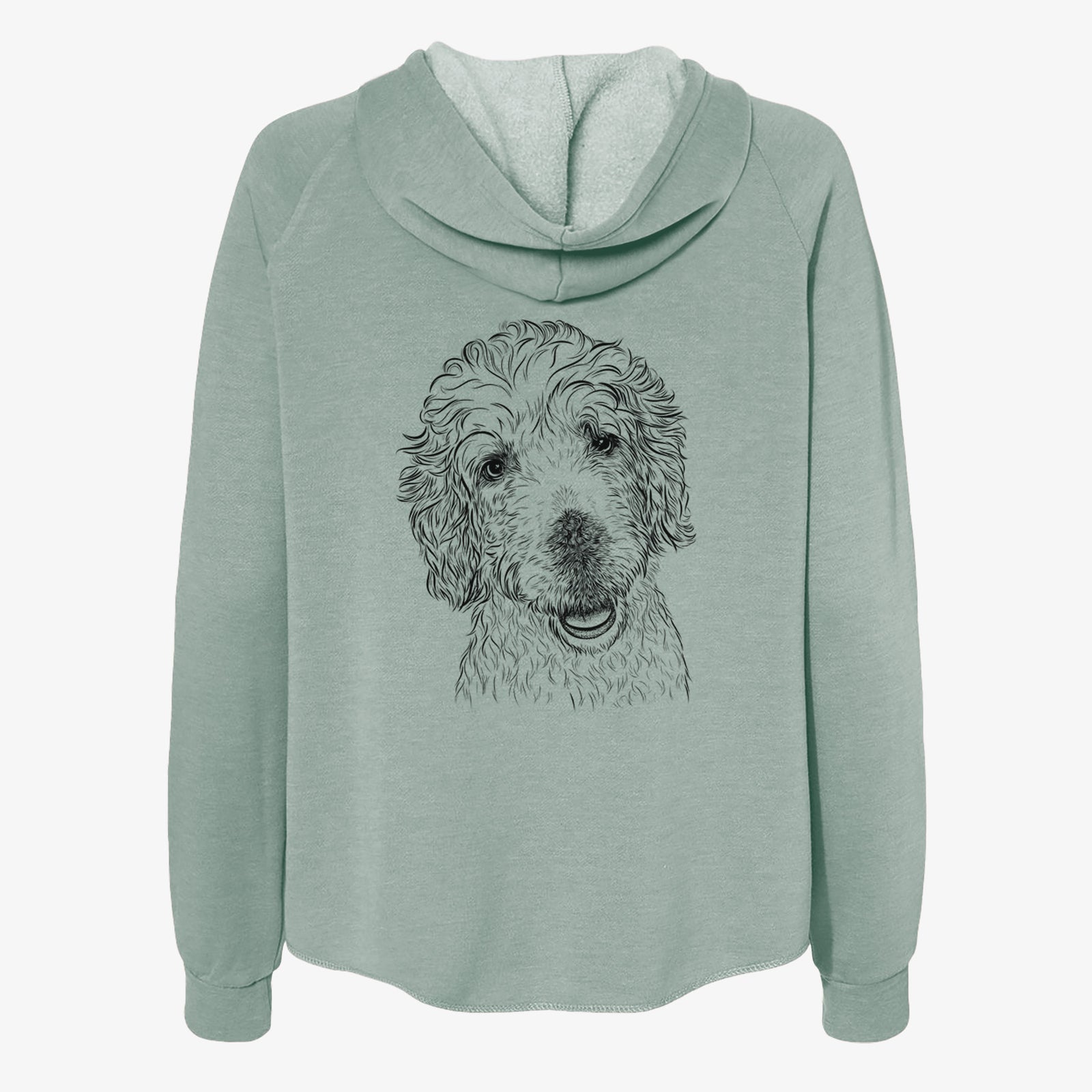 Hand-drawn sketch of Preston the Labradoodle on a Sage Women's cali wave zip-up sweatshirt