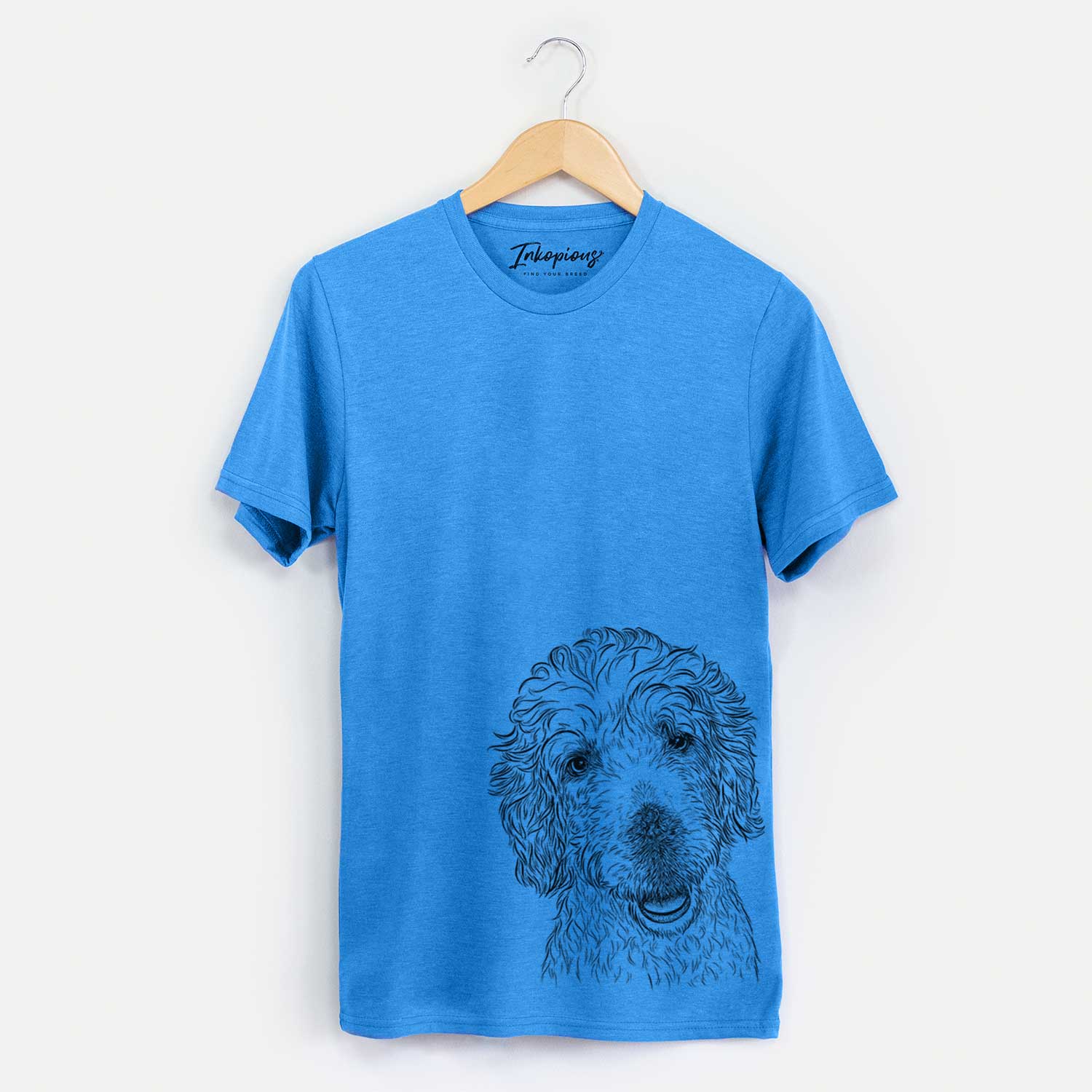 Hand-drawn sketch of Preston the Labradoodle on a Blue Unisex crewneck