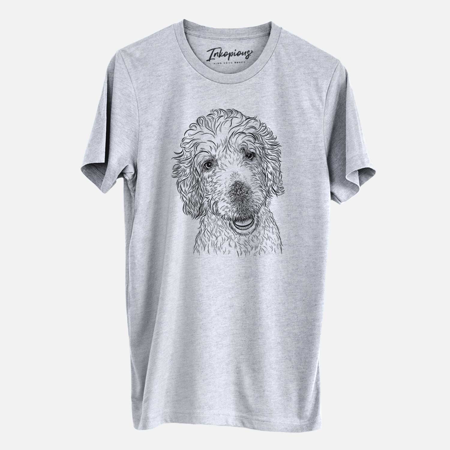 Hand-drawn sketch of Preston the Labradoodle on a Grey Unisex crewneck