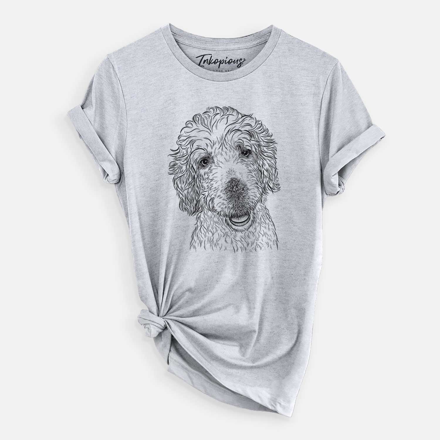 Hand-drawn sketch of Preston the Labradoodle on a Grey Unisex crewneck