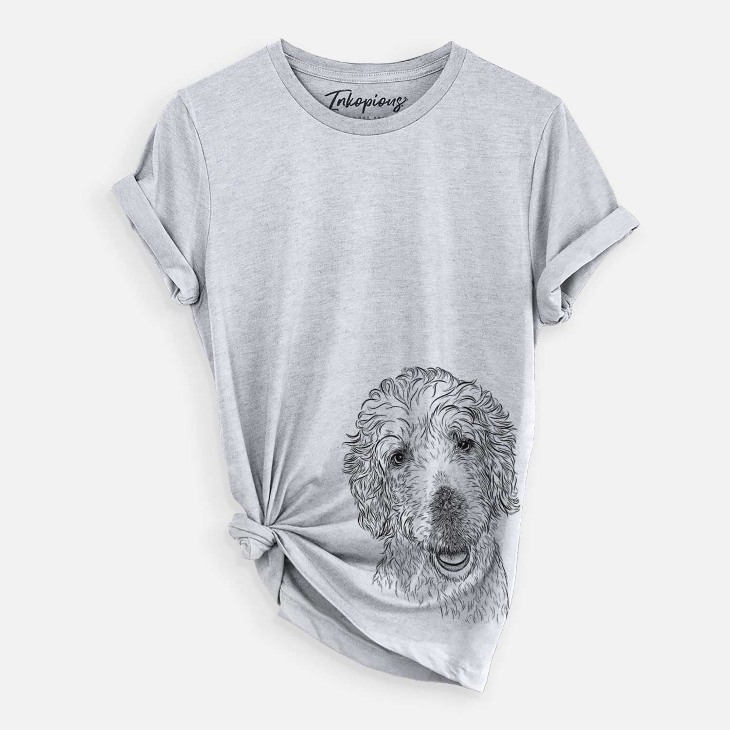 Hand-drawn sketch of Preston the Labradoodle on a Grey Unisex crewneck