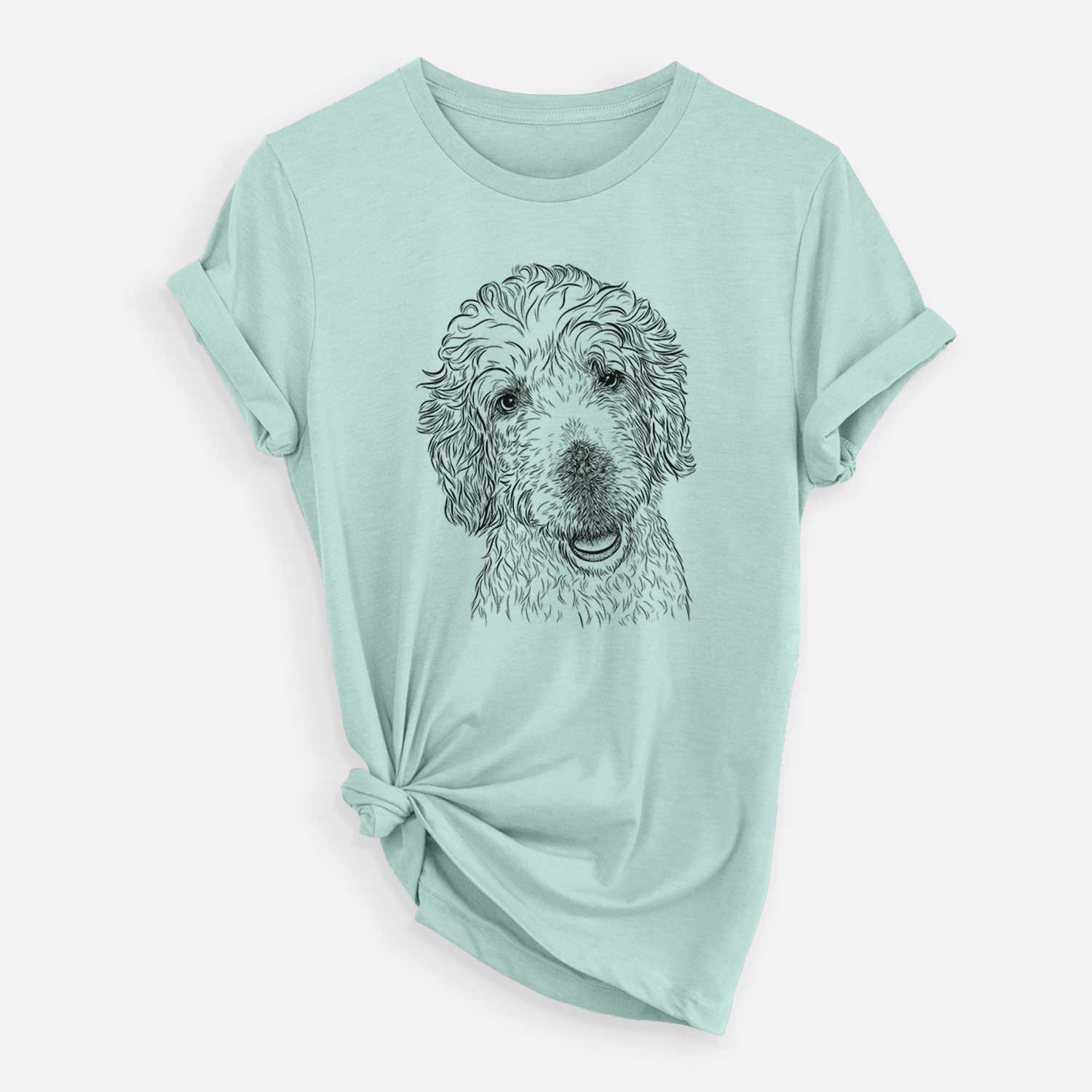 Hand-drawn sketch of Preston the Labradoodle on a Heather Sage Unisex crewneck