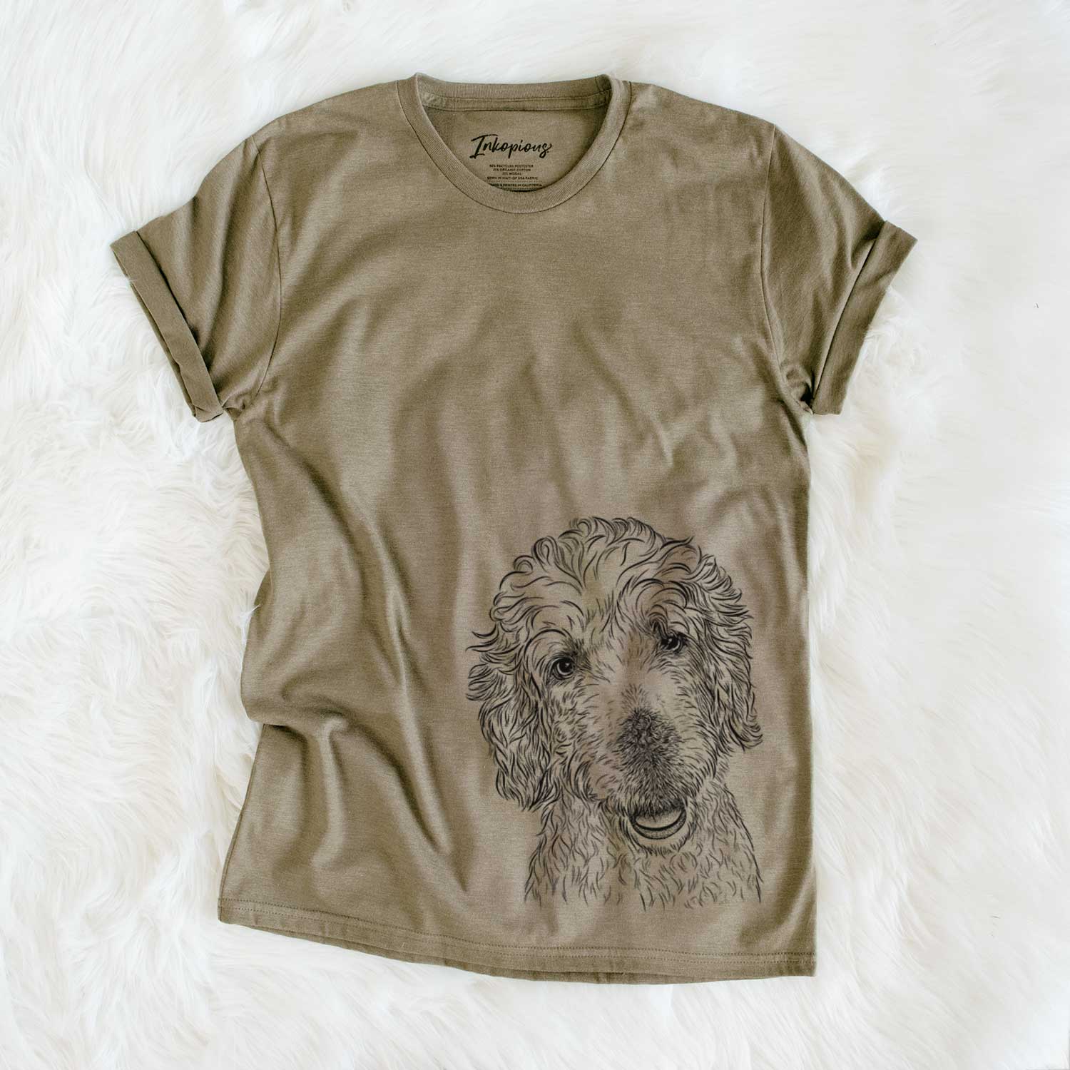 Hand-drawn sketch of Preston the Labradoodle on an Olive Unisex crewneck