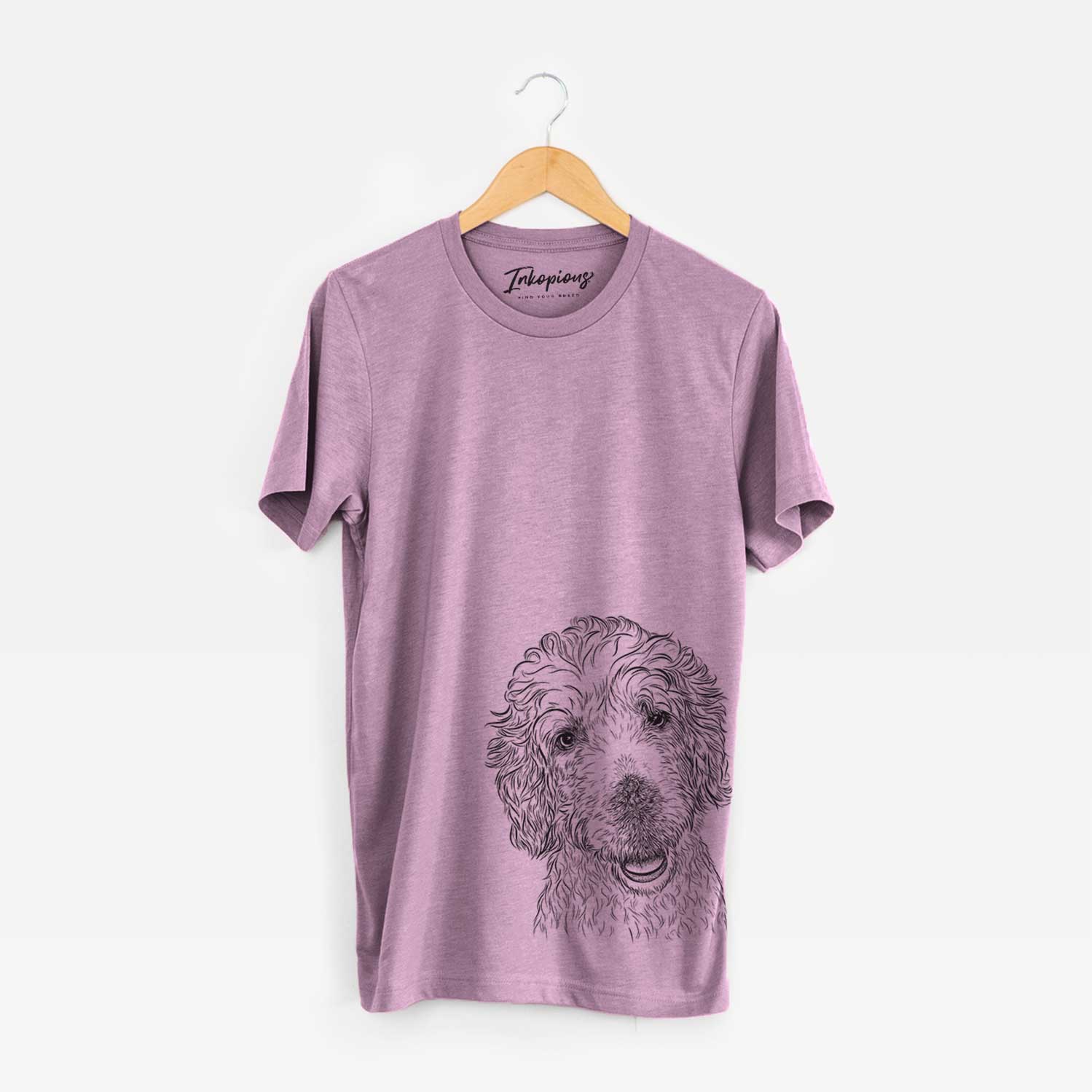 Hand-drawn sketch of Preston the Labradoodle on an Orchid Unisex crewneck