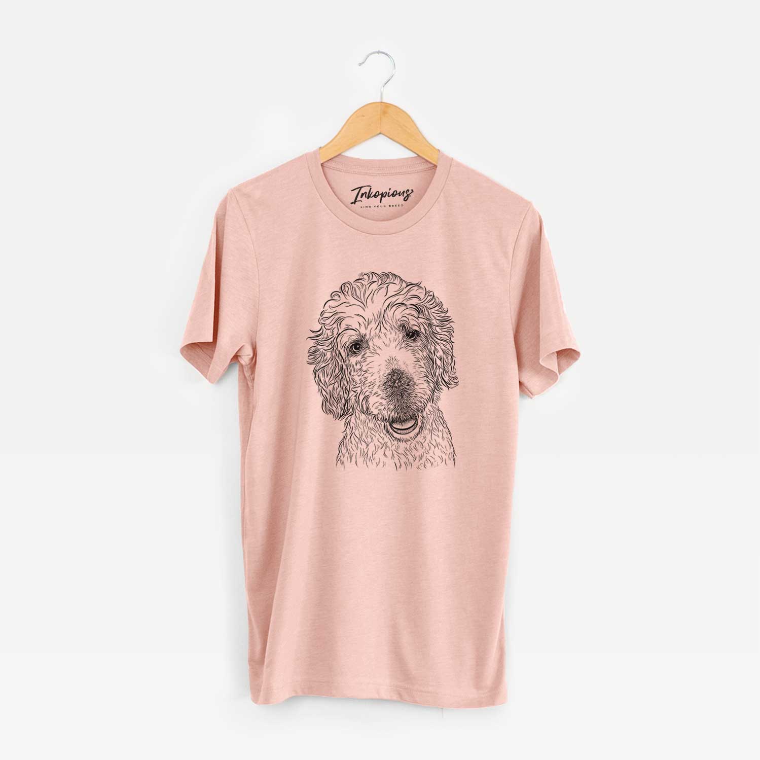 Hand-drawn sketch of Preston the Labradoodle on a Peach Unisex crewneck