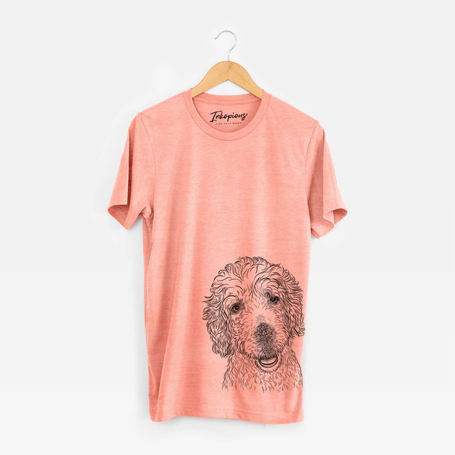Hand-drawn sketch of Preston the Labradoodle on a Sunset Unisex crewneck