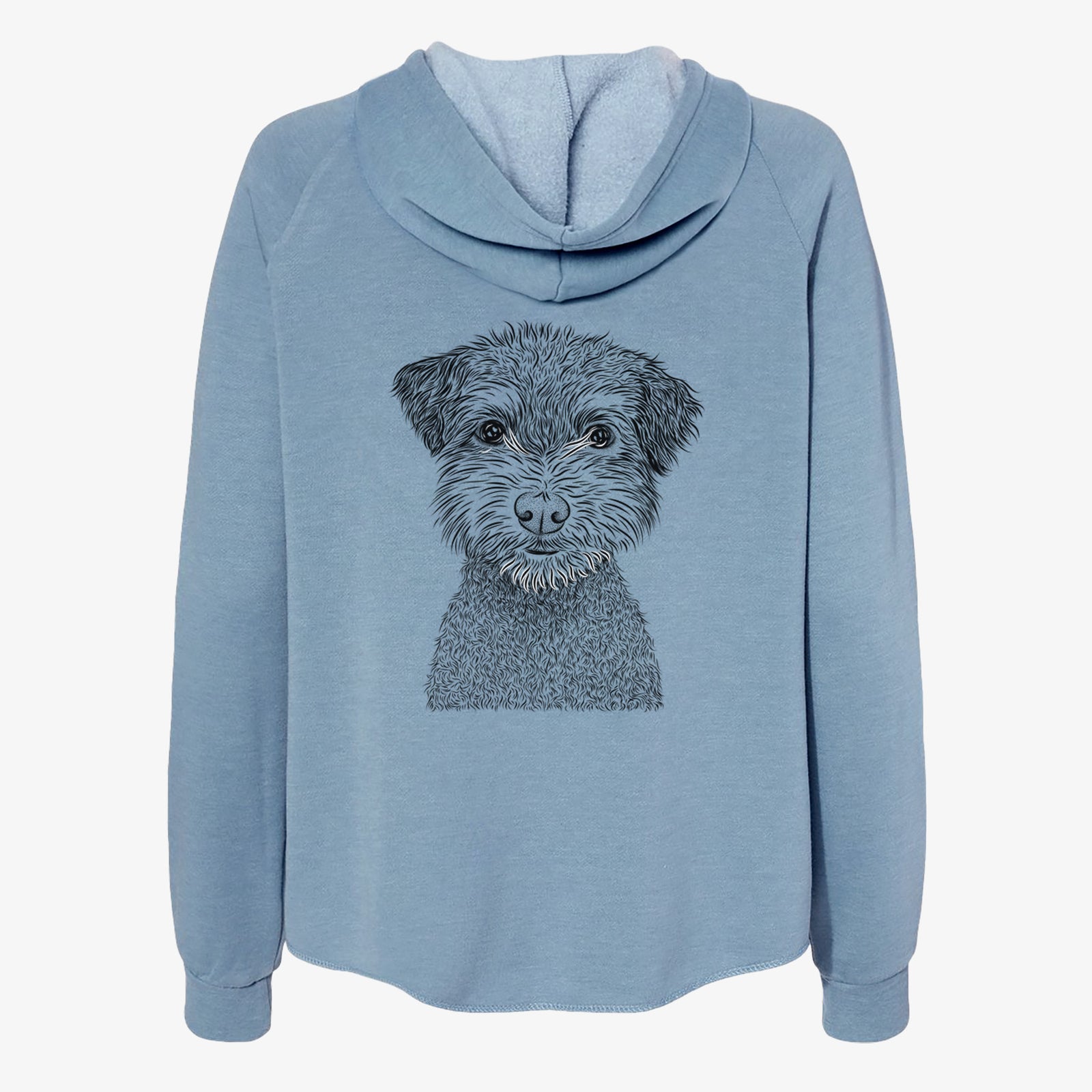Hand-drawn sketch of Pretzel the Schnoodle on a Misty Blue Women's cali wave zip-up sweatshirt