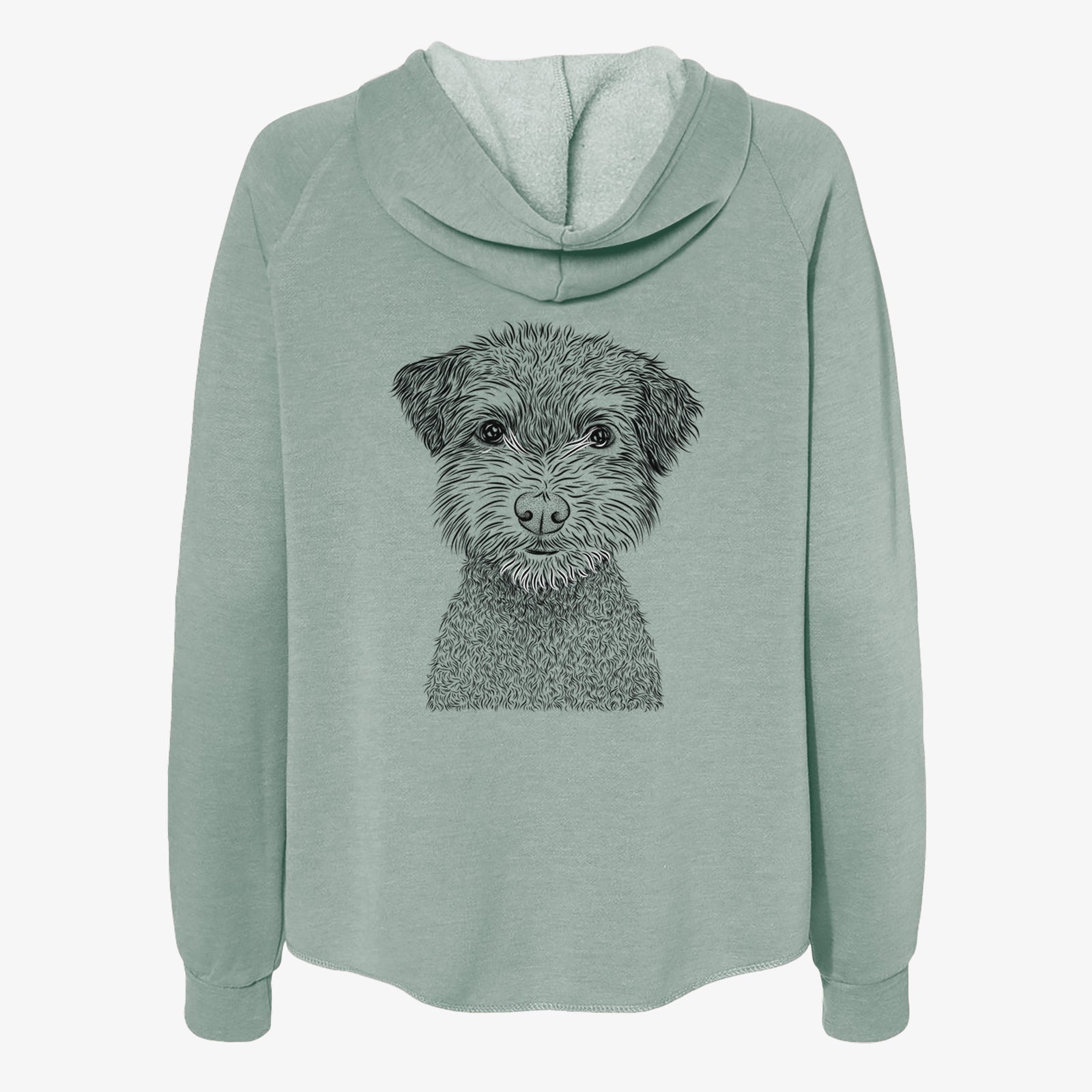 Hand-drawn sketch of Pretzel the Schnoodle on a Sage Women's cali wave zip-up sweatshirt