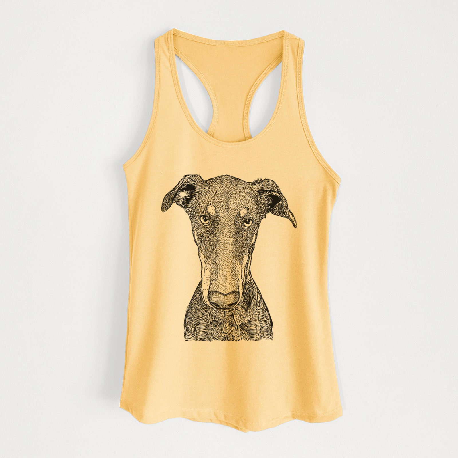 Hand-drawn sketch of Princess Fiona the Doberman Pinscher on a Banana Cream Women's racerback tanktop
