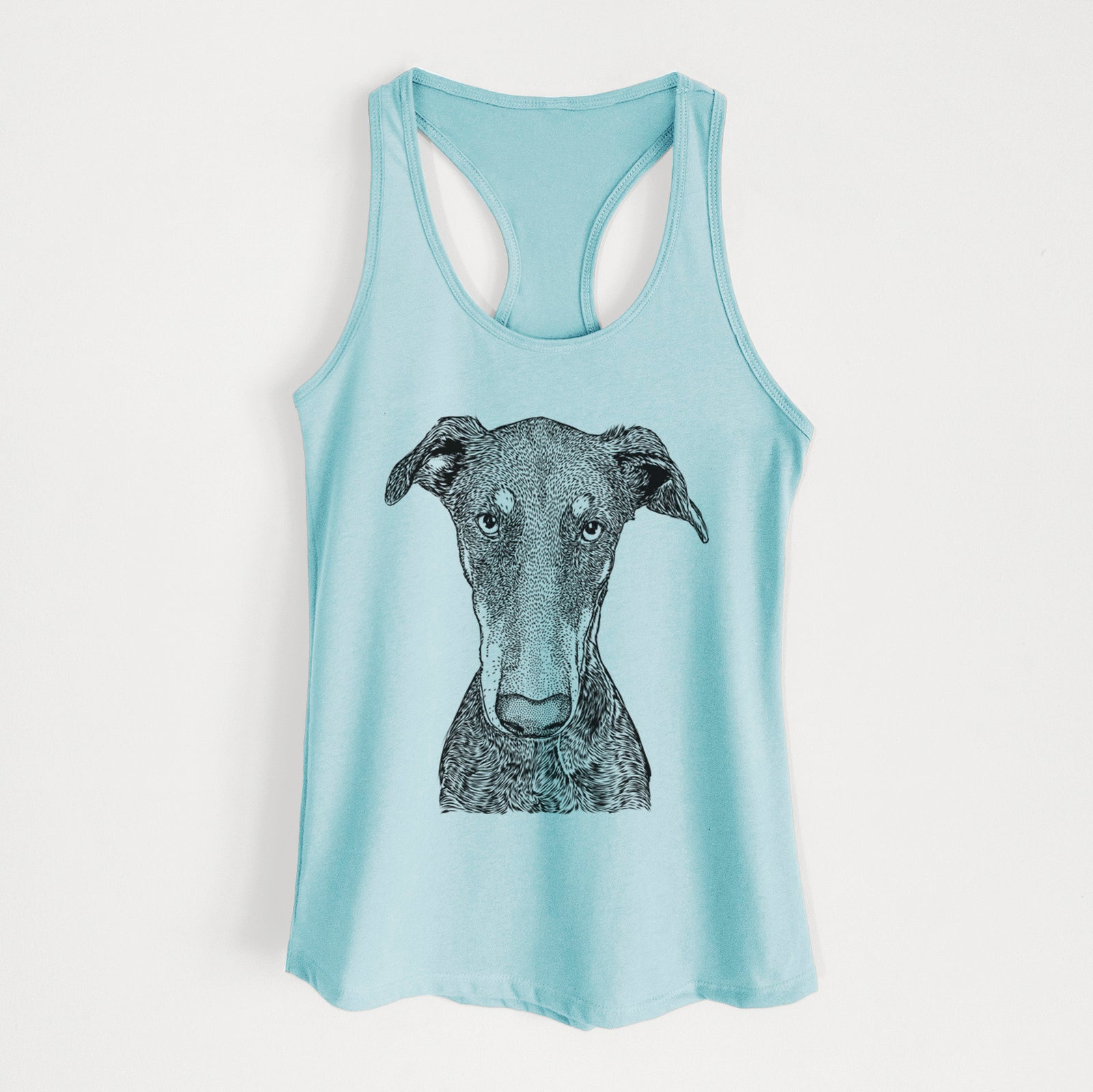 Hand-drawn sketch of Princess Fiona the Doberman Pinscher on a Cancun Blue Women's racerback tanktop