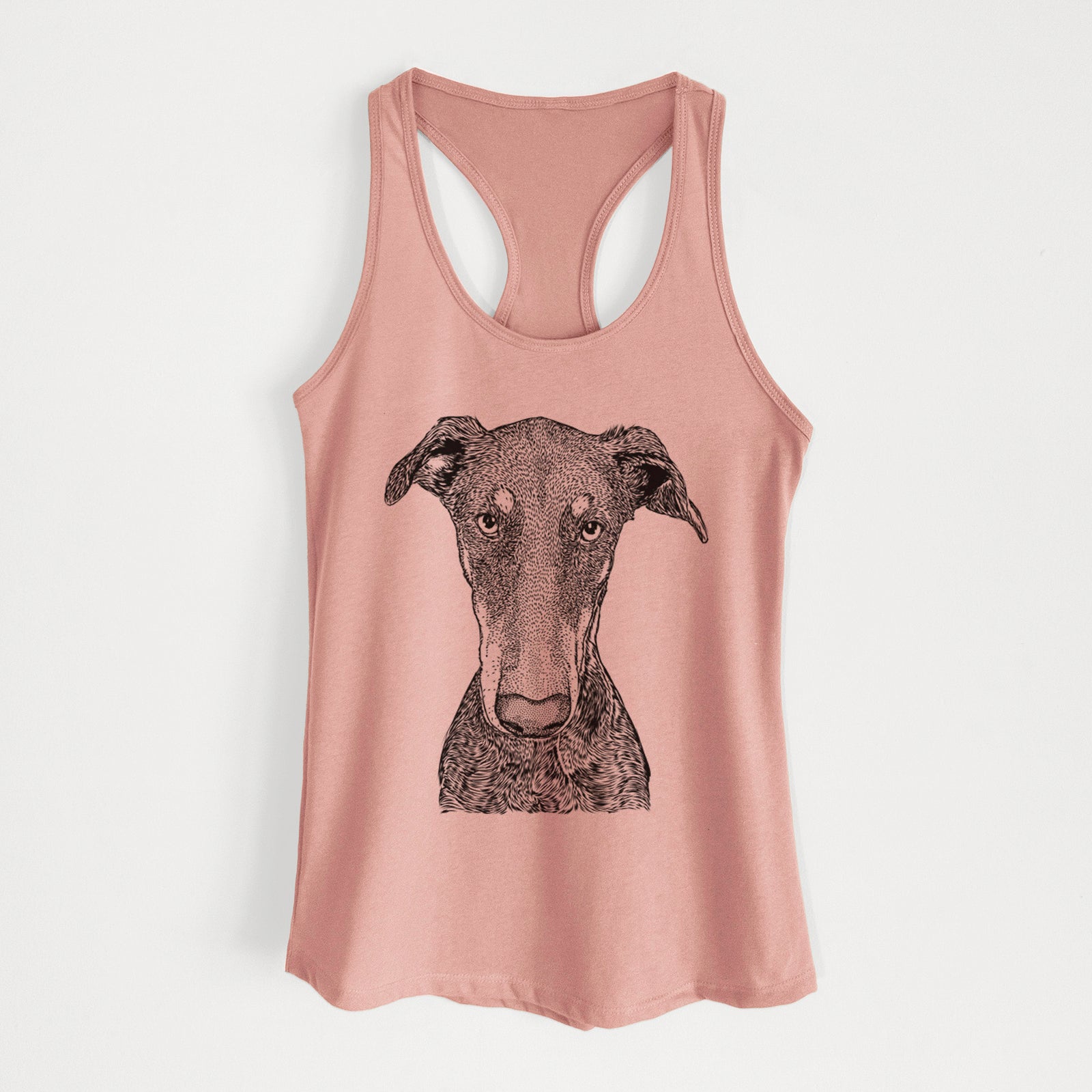 Hand-drawn sketch of Princess Fiona the Doberman Pinscher on a Desert Pink Women's racerback tanktop