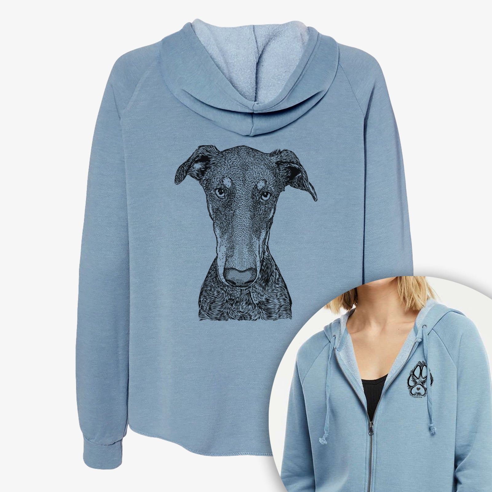 Hand-drawn sketch of Princess Fiona the Doberman Pinscher on a Women's cali wave zip-up sweatshirt, shown with icons of the other available costume styles