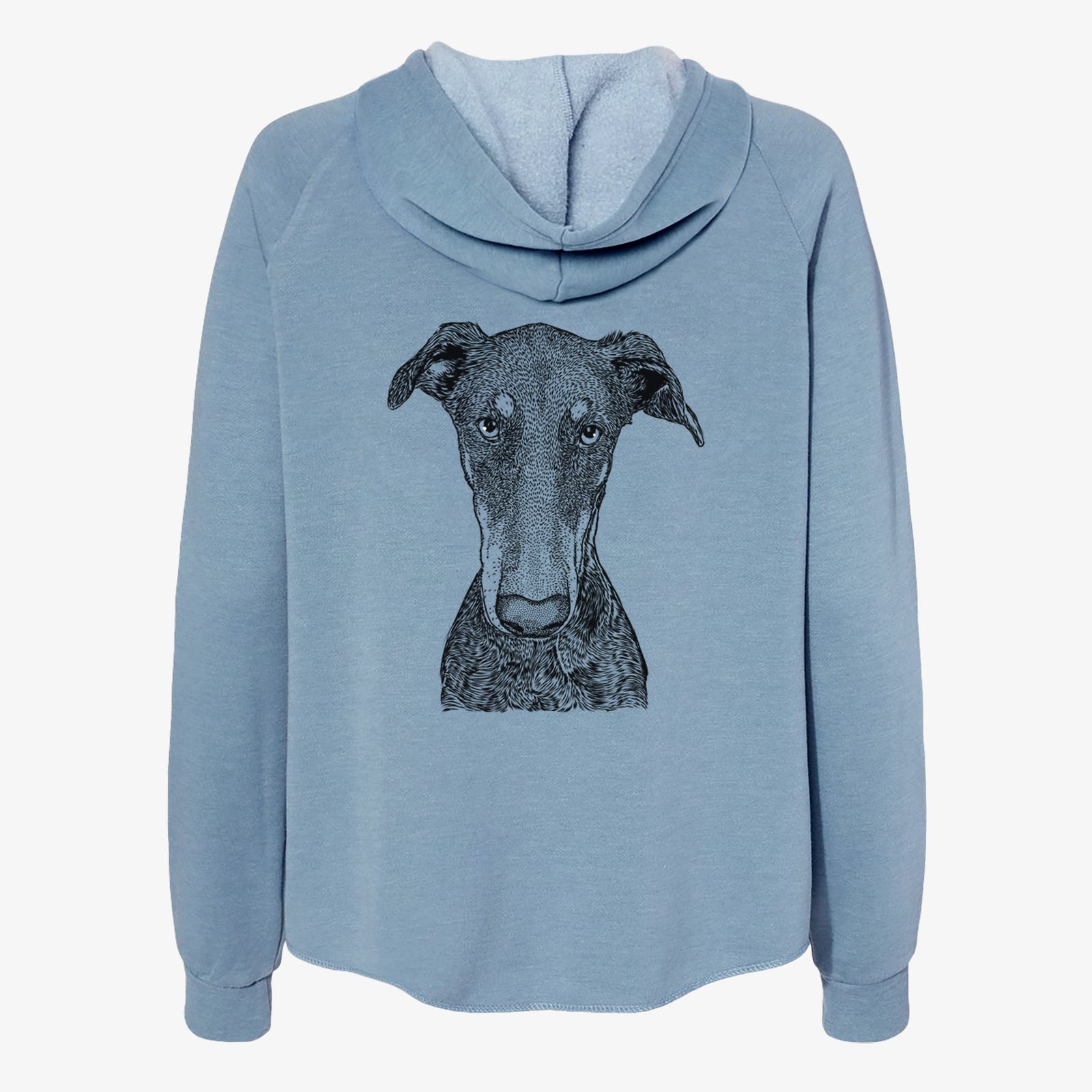 Hand-drawn sketch of Princess Fiona the Doberman Pinscher on a Misty Blue Women's cali wave zip-up sweatshirt