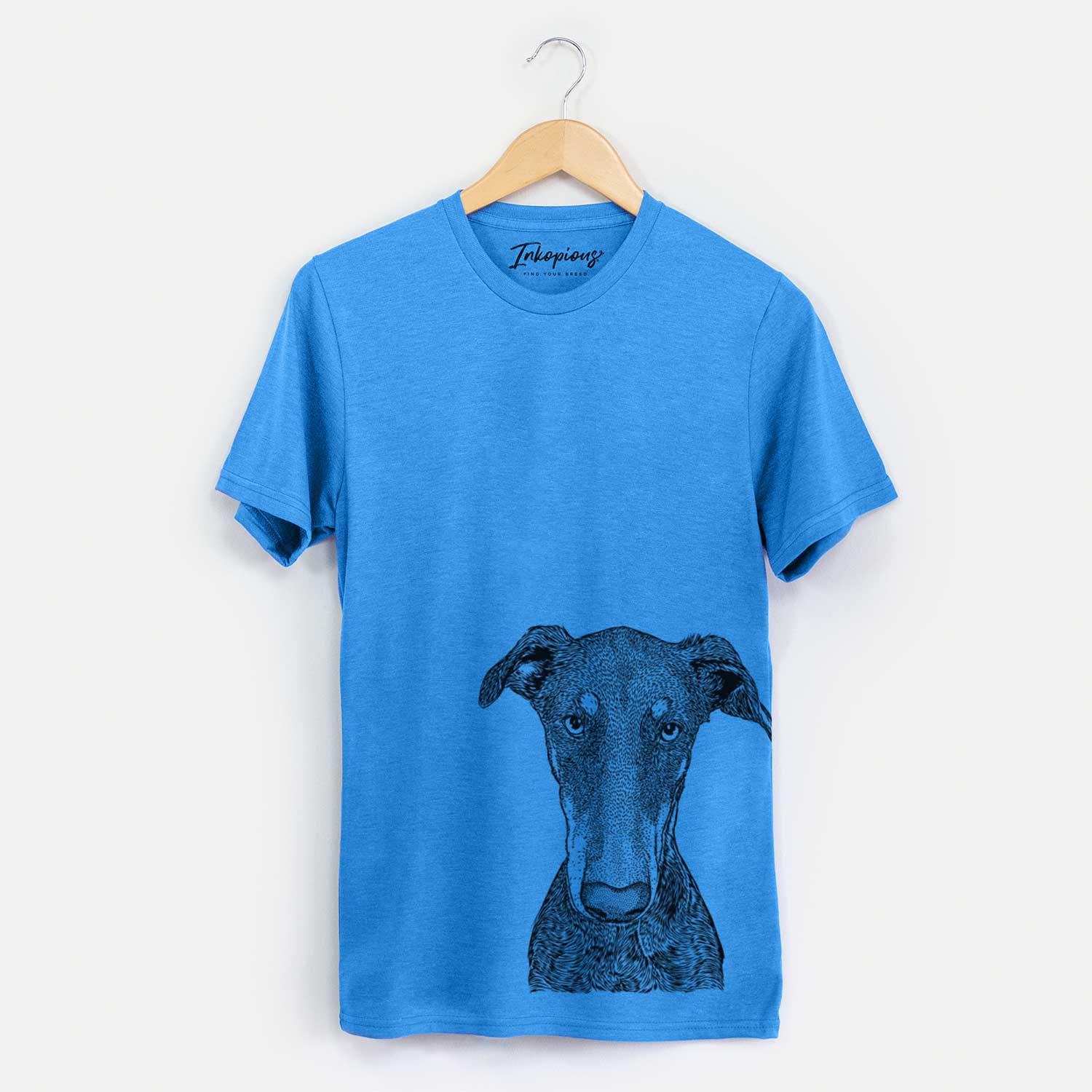 Hand-drawn sketch of Princess Fiona the Doberman Pinscher on a Blue Unisex crewneck