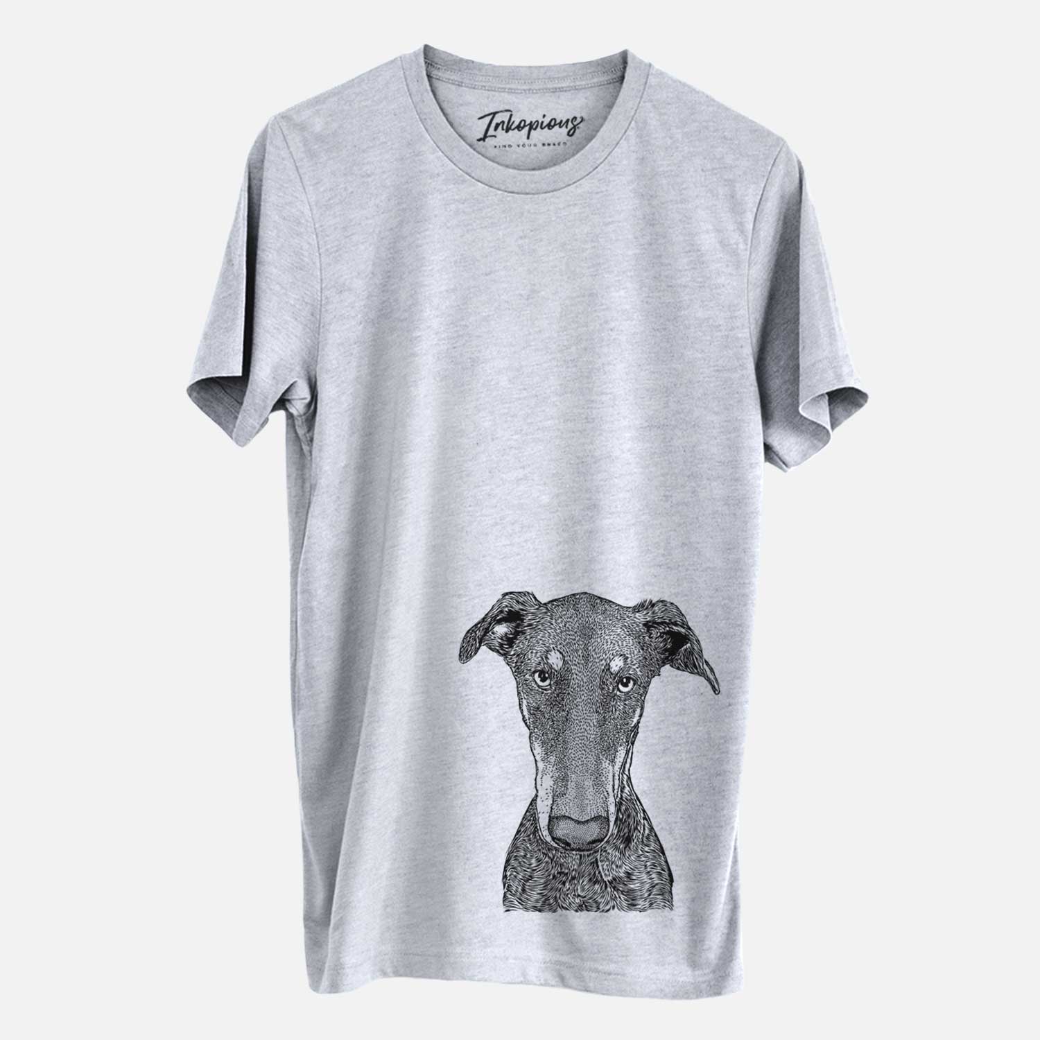 Hand-drawn sketch of Princess Fiona the Doberman Pinscher on a Grey Unisex crewneck