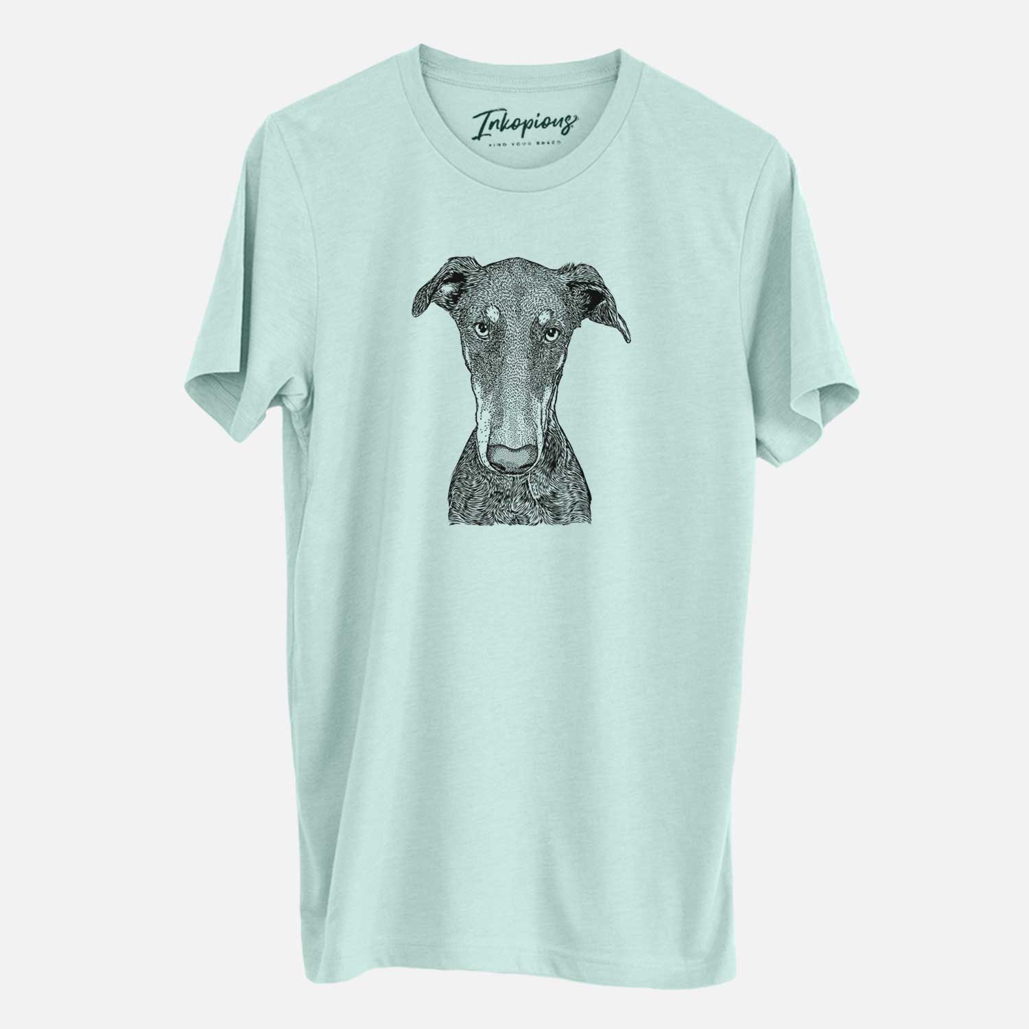 Hand-drawn sketch of Princess Fiona the Doberman Pinscher on a Heather Sage Unisex crewneck