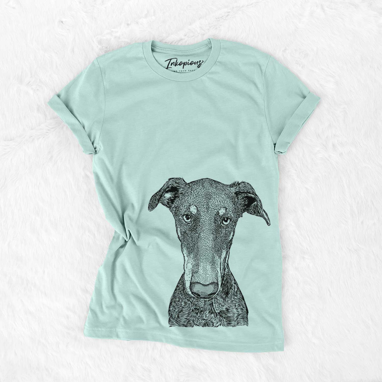 Hand-drawn sketch of Princess Fiona the Doberman Pinscher on a Heather Sage Unisex crewneck