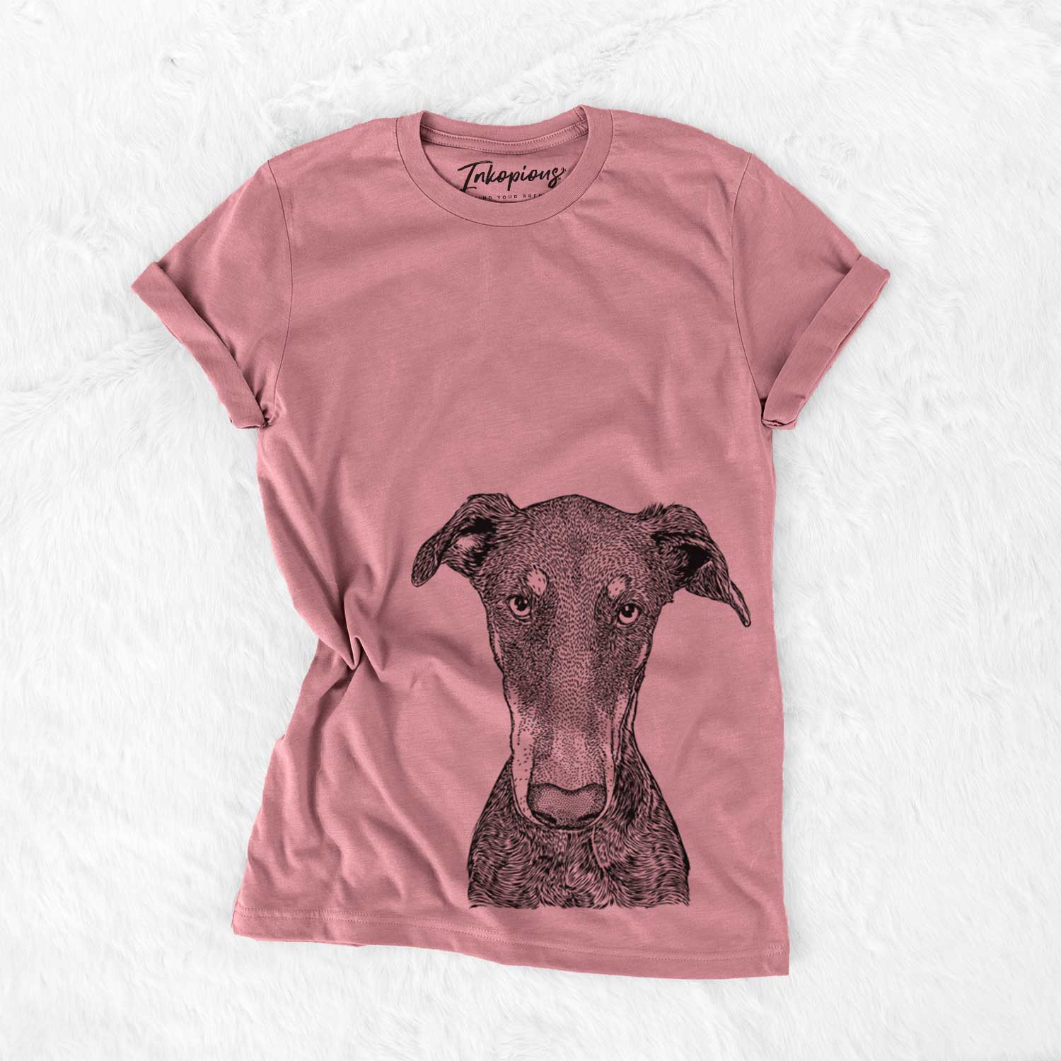 Hand-drawn sketch of Princess Fiona the Doberman Pinscher on a Mauve Unisex crewneck
