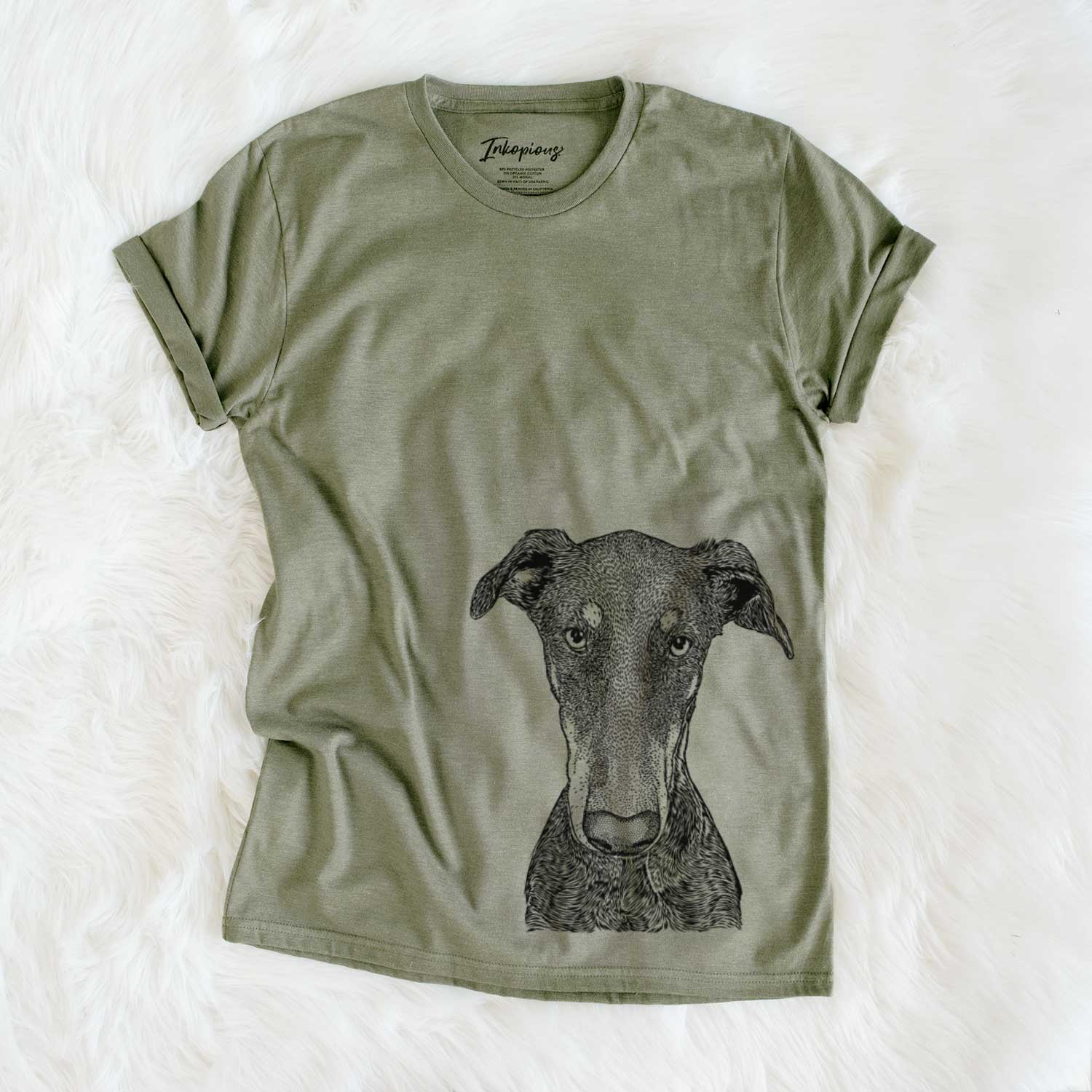 Hand-drawn sketch of Princess Fiona the Doberman Pinscher on an Olive Unisex crewneck