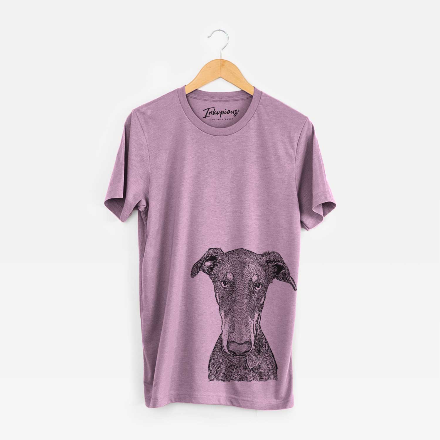 Hand-drawn sketch of Princess Fiona the Doberman Pinscher on an Orchid Unisex crewneck