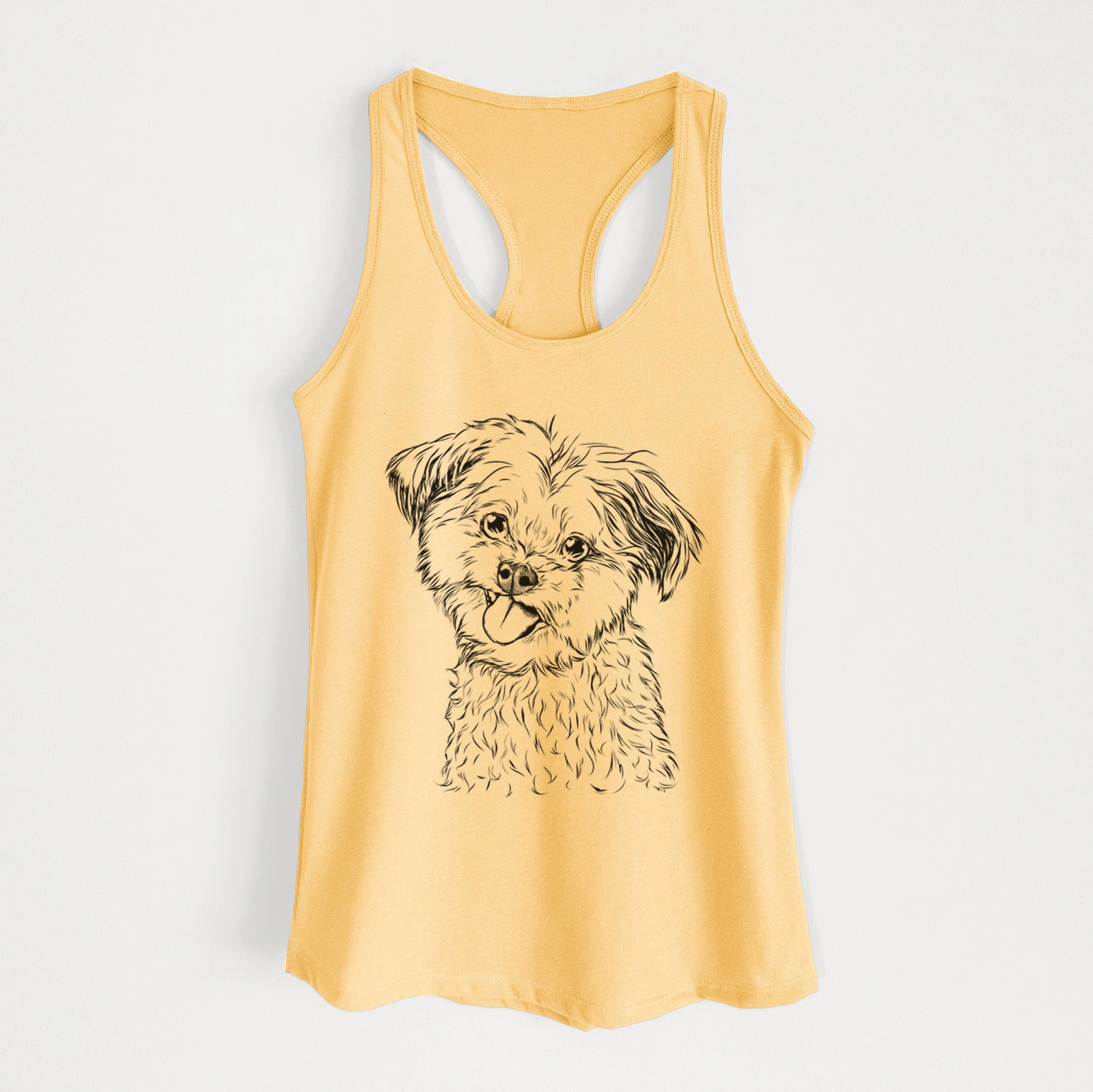 Hand-drawn sketch of Puff the Malshi on a Banana Cream Women's racerback tanktop