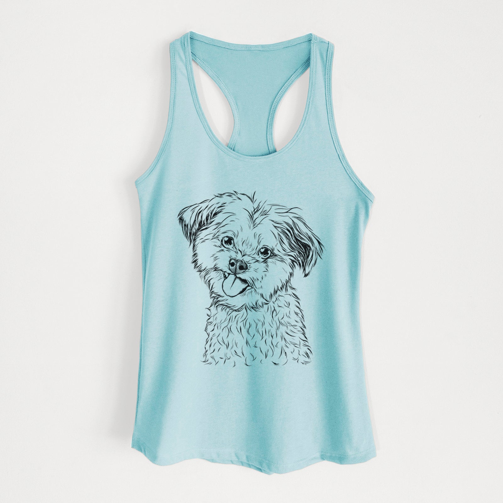 Hand-drawn sketch of Puff the Malshi on a Cancun Blue Women's racerback tanktop