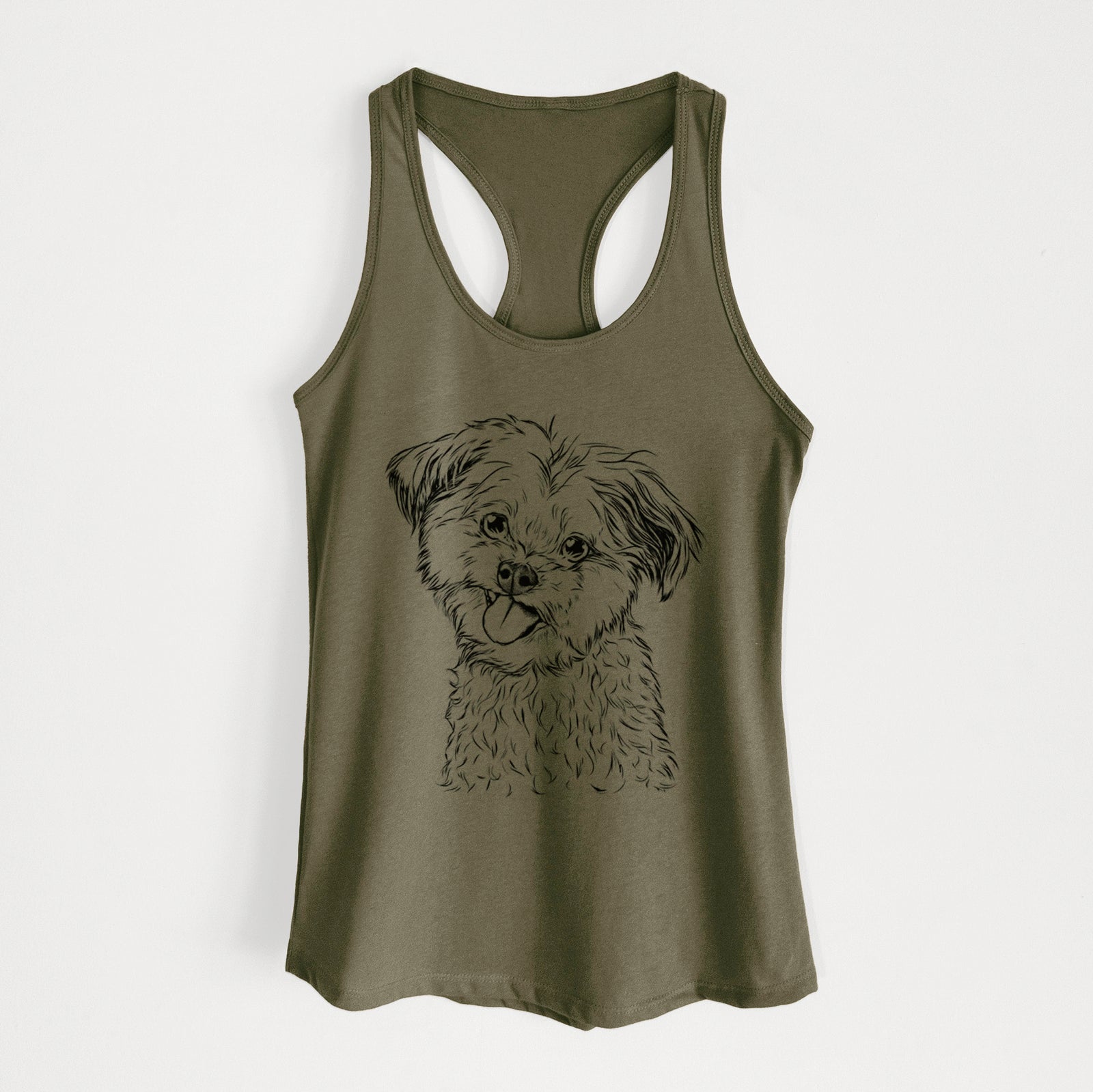 Hand-drawn sketch of Puff the Malshi on a Military Green Women's racerback tanktop