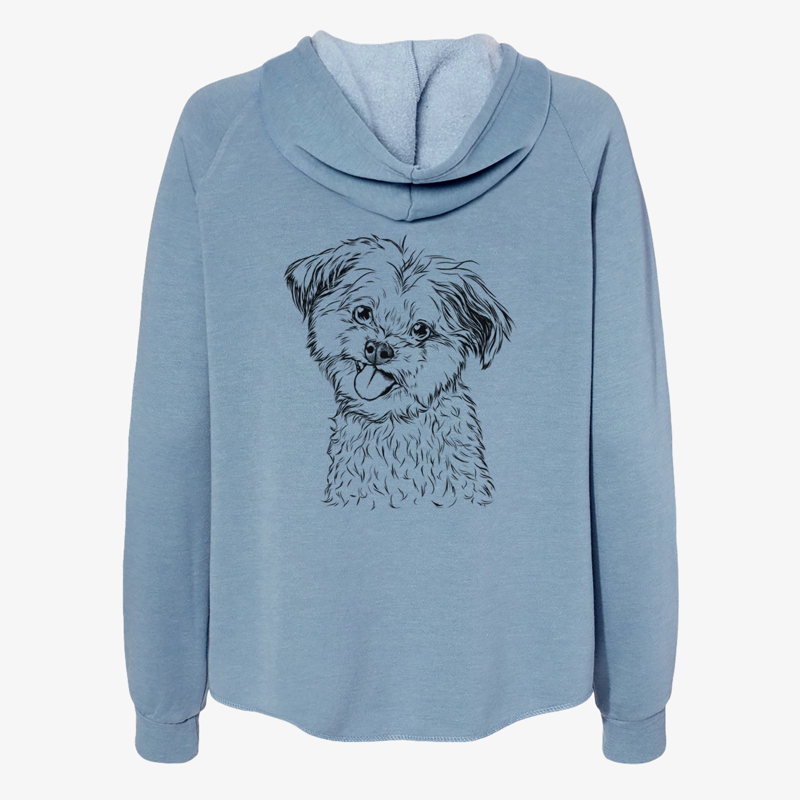 Hand-drawn sketch of Puff the Malshi on a Misty Blue Women's cali wave zip-up sweatshirt