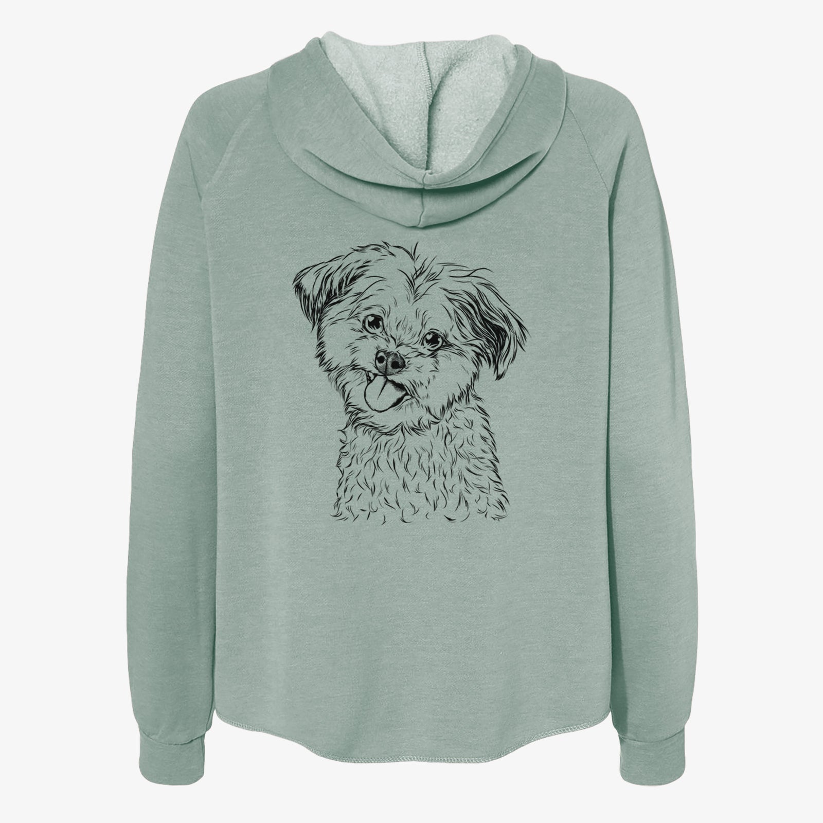Hand-drawn sketch of Puff the Malshi on a Sage Women's cali wave zip-up sweatshirt