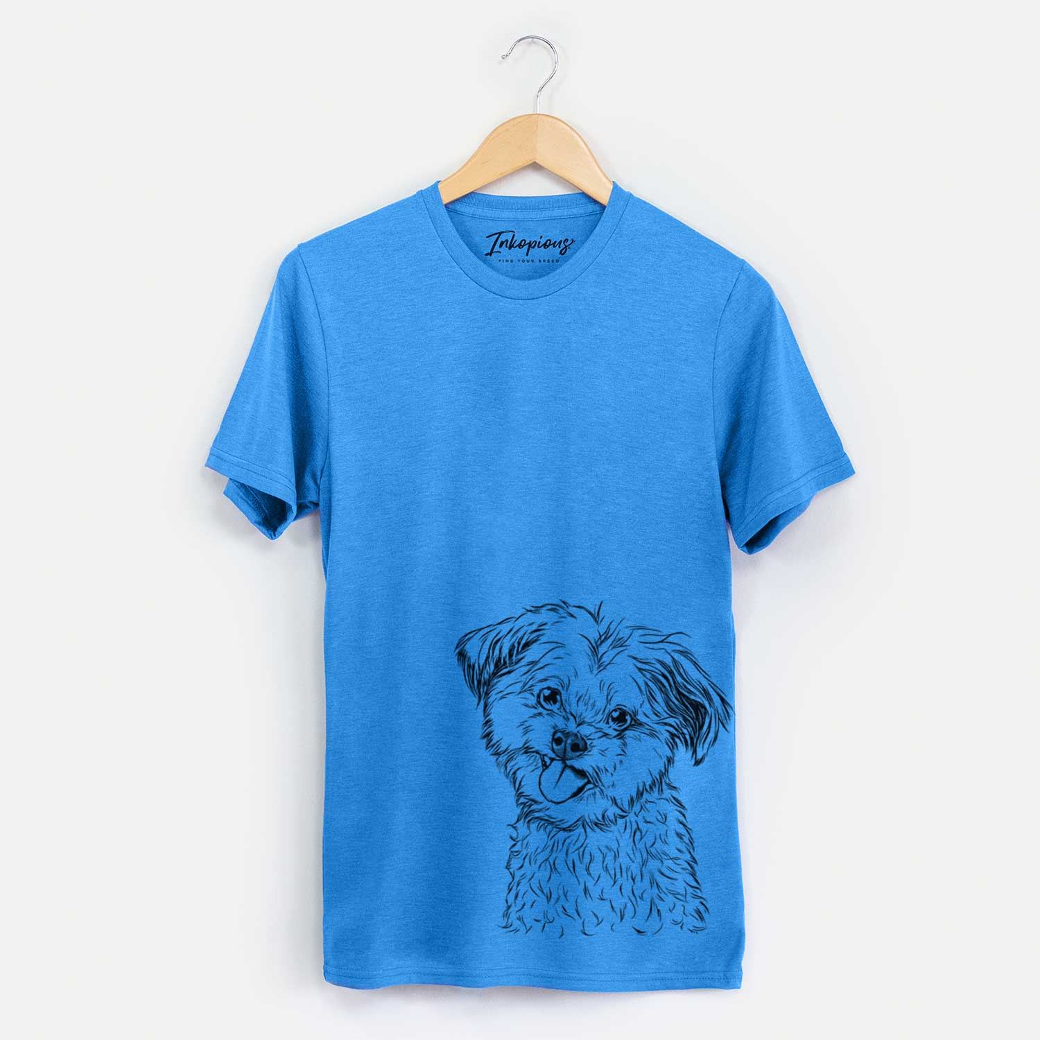 Hand-drawn sketch of Puff the Malshi on a Blue Unisex crewneck