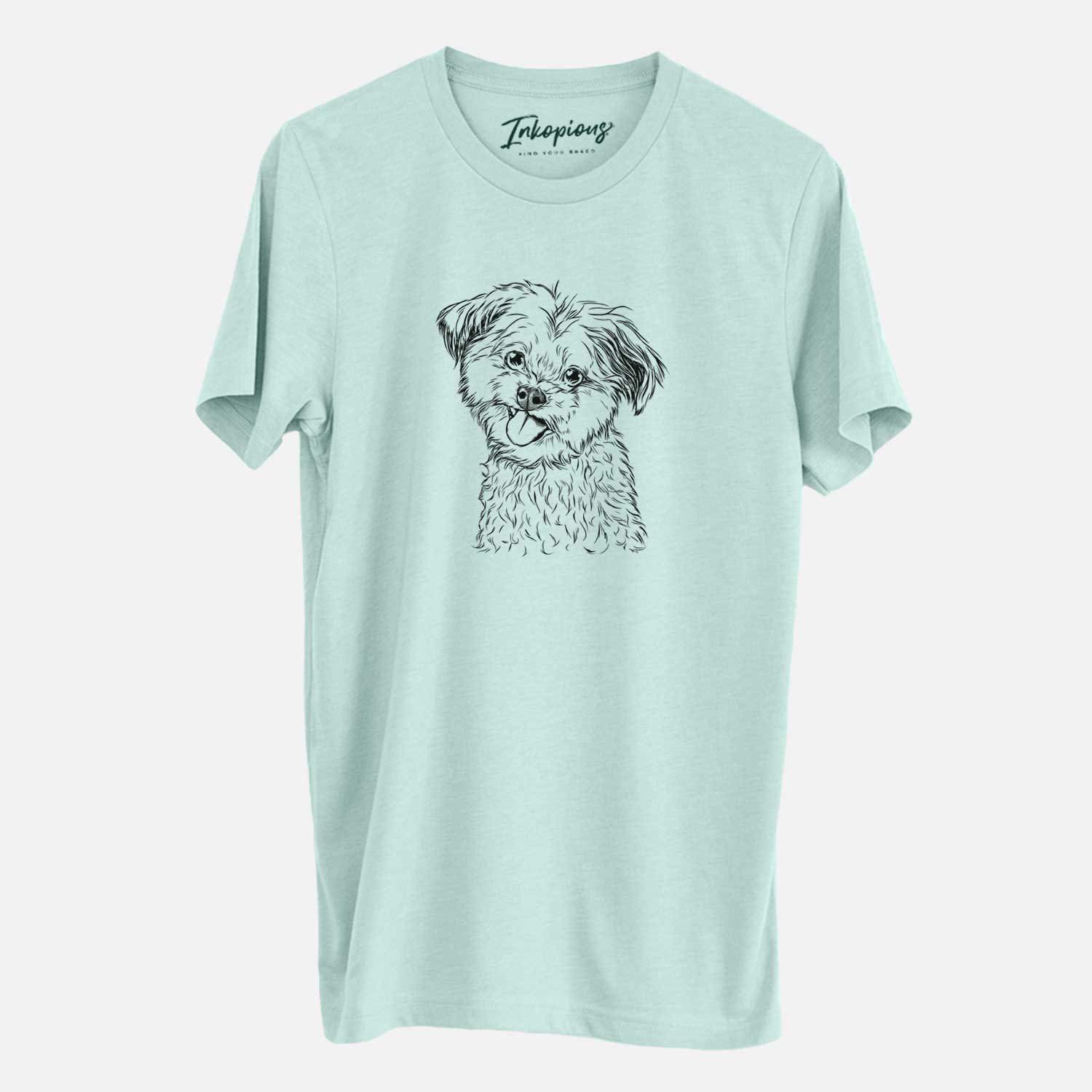 Hand-drawn sketch of Puff the Malshi on a Heather Sage Unisex crewneck