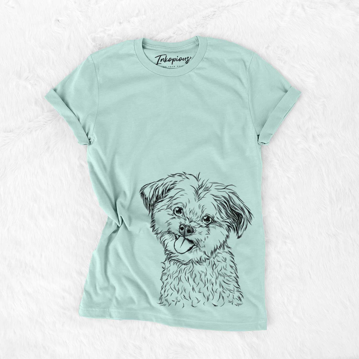 Hand-drawn sketch of Puff the Malshi on a Heather Sage Unisex crewneck