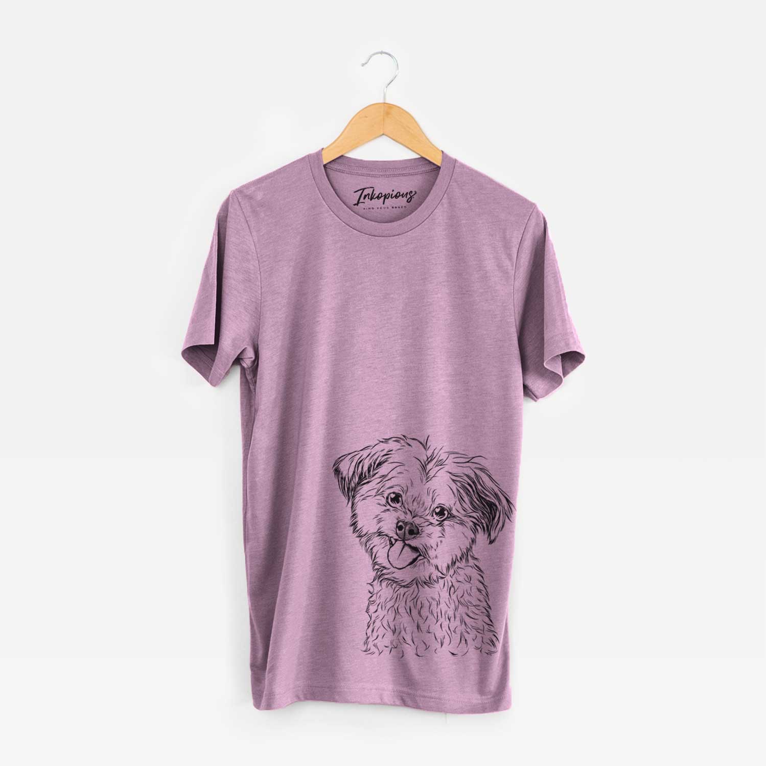 Hand-drawn sketch of Puff the Malshi on an Orchid Unisex crewneck