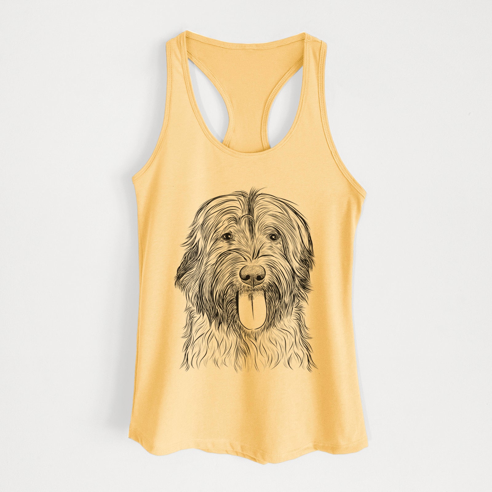 Hand-drawn sketch of Puig the Catalan Sheepdog on a Banana Cream Women's racerback tanktop