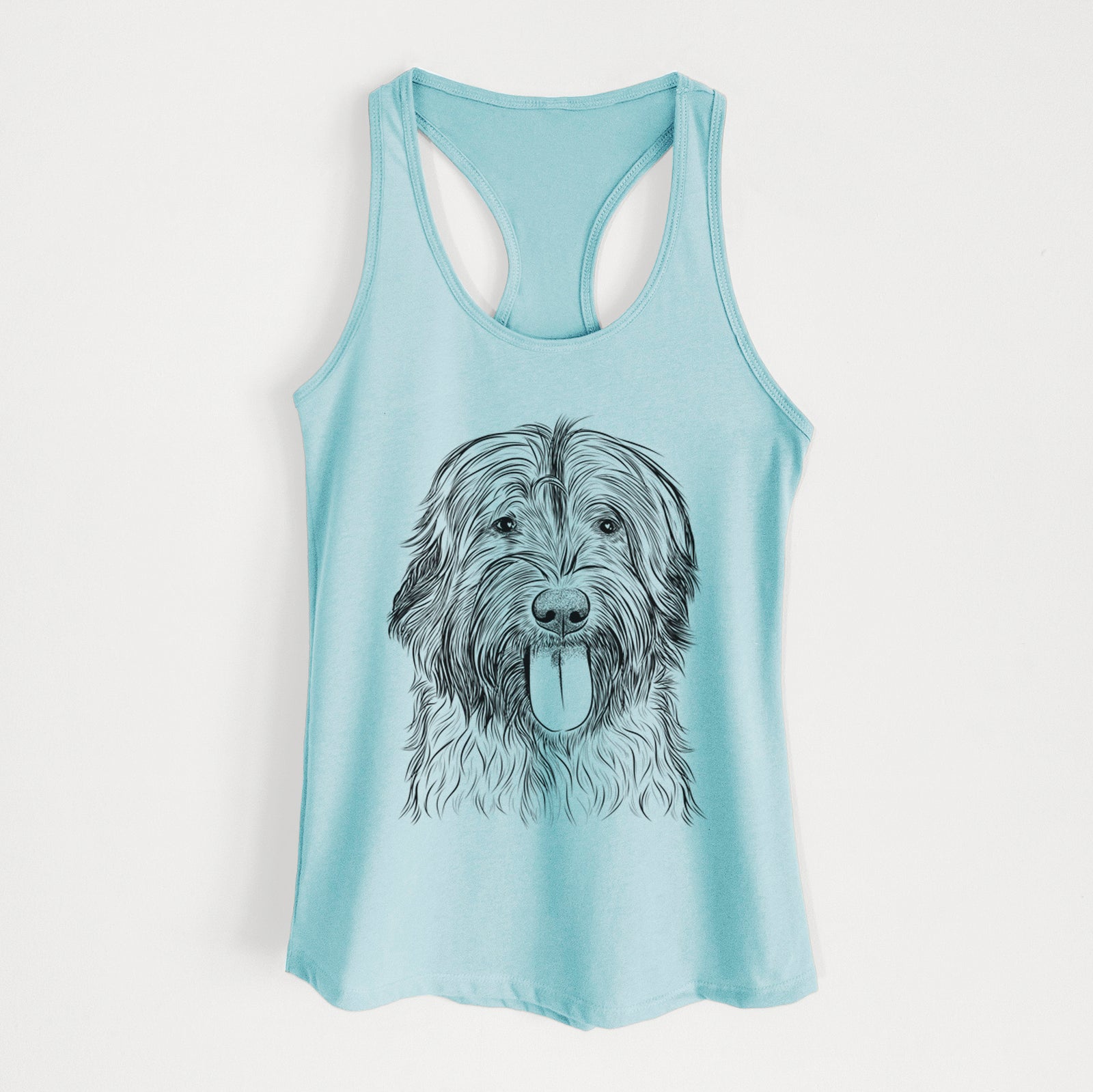 Hand-drawn sketch of Puig the Catalan Sheepdog on a Cancun Blue Women's racerback tanktop