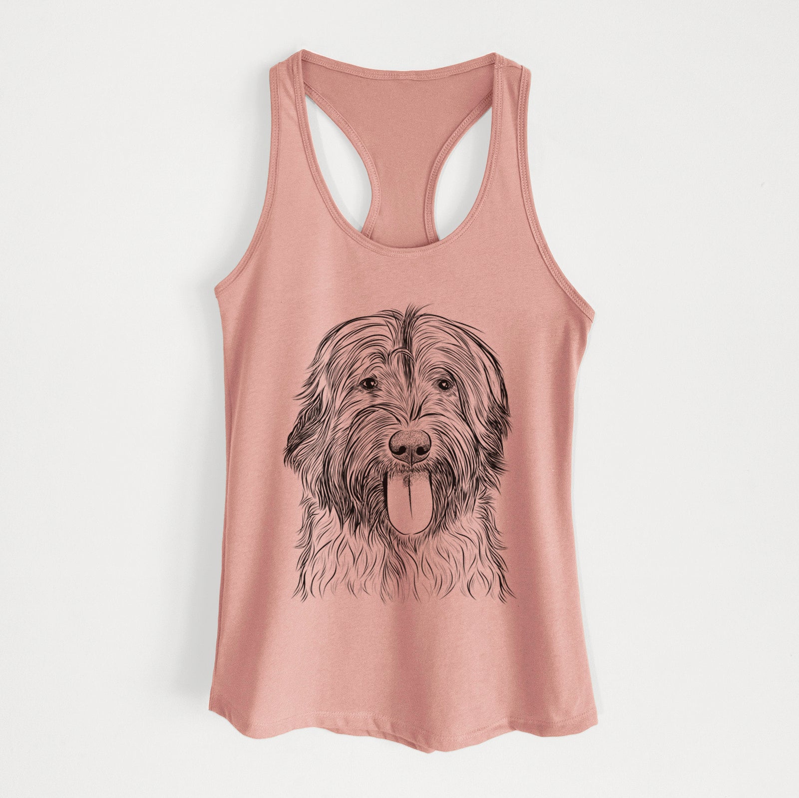 Hand-drawn sketch of Puig the Catalan Sheepdog on a Desert Pink Women's racerback tanktop