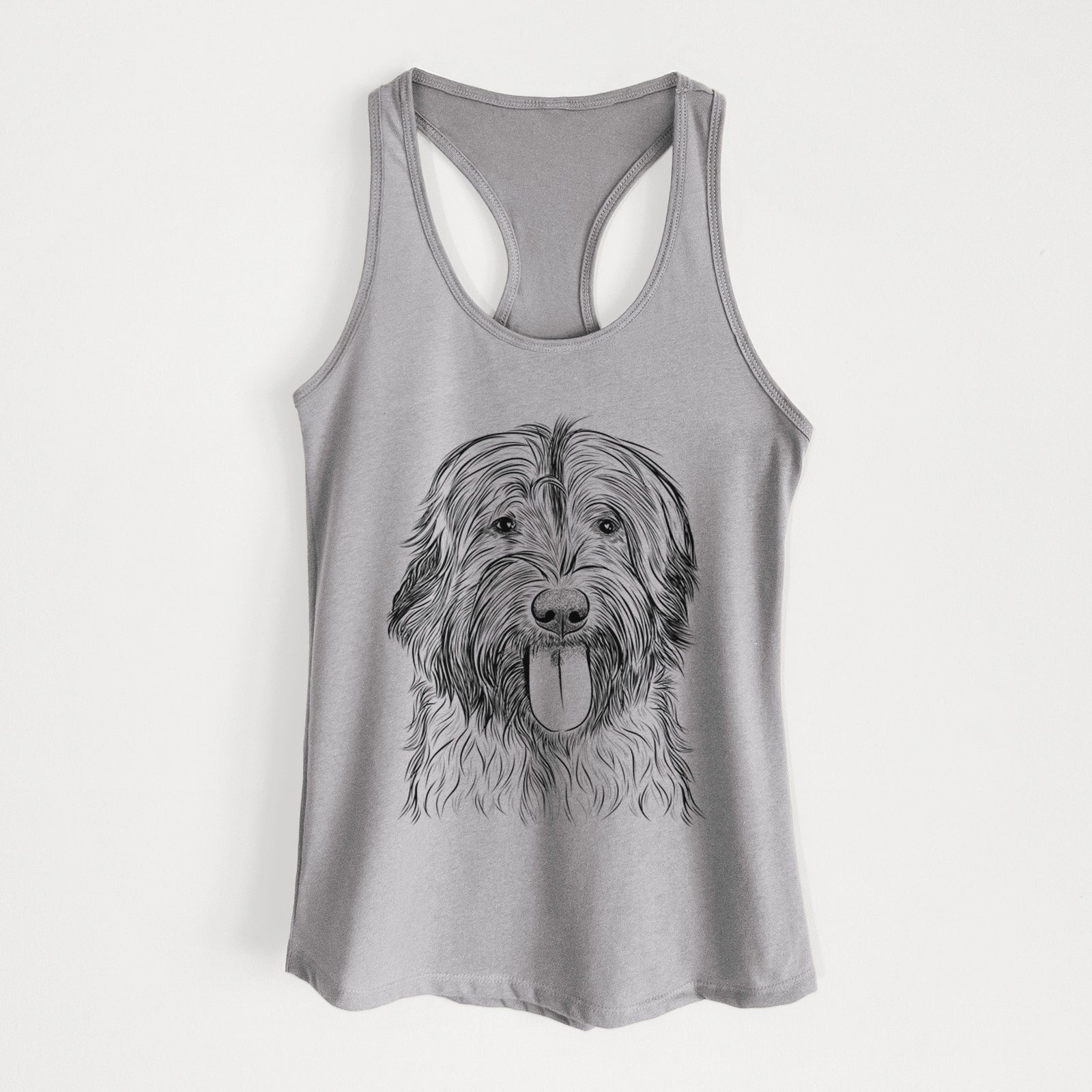 Hand-drawn sketch of Puig the Catalan Sheepdog on a Heather Grey Women's racerback tanktop