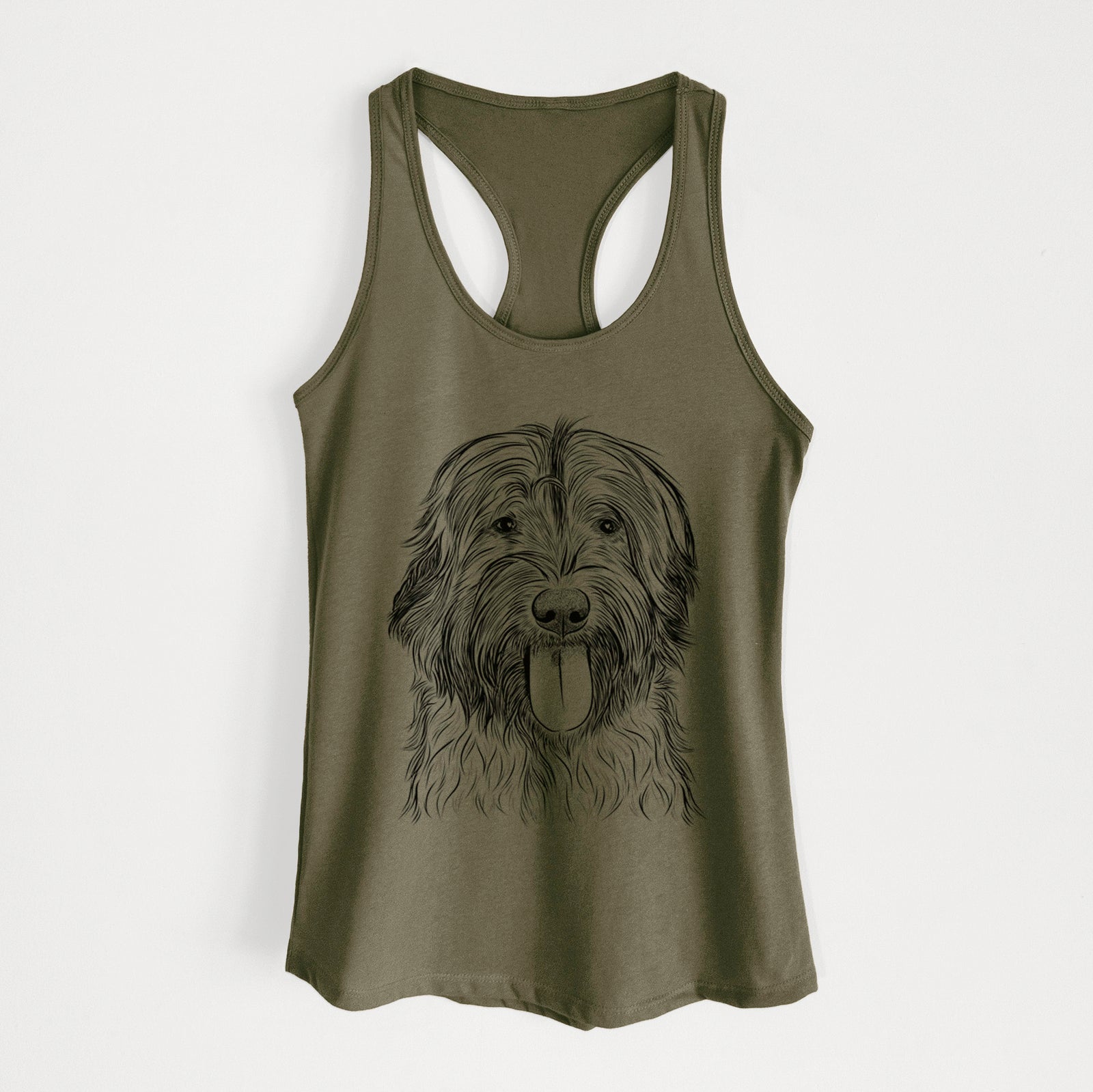 Hand-drawn sketch of Puig the Catalan Sheepdog on a Military Green Women's racerback tanktop