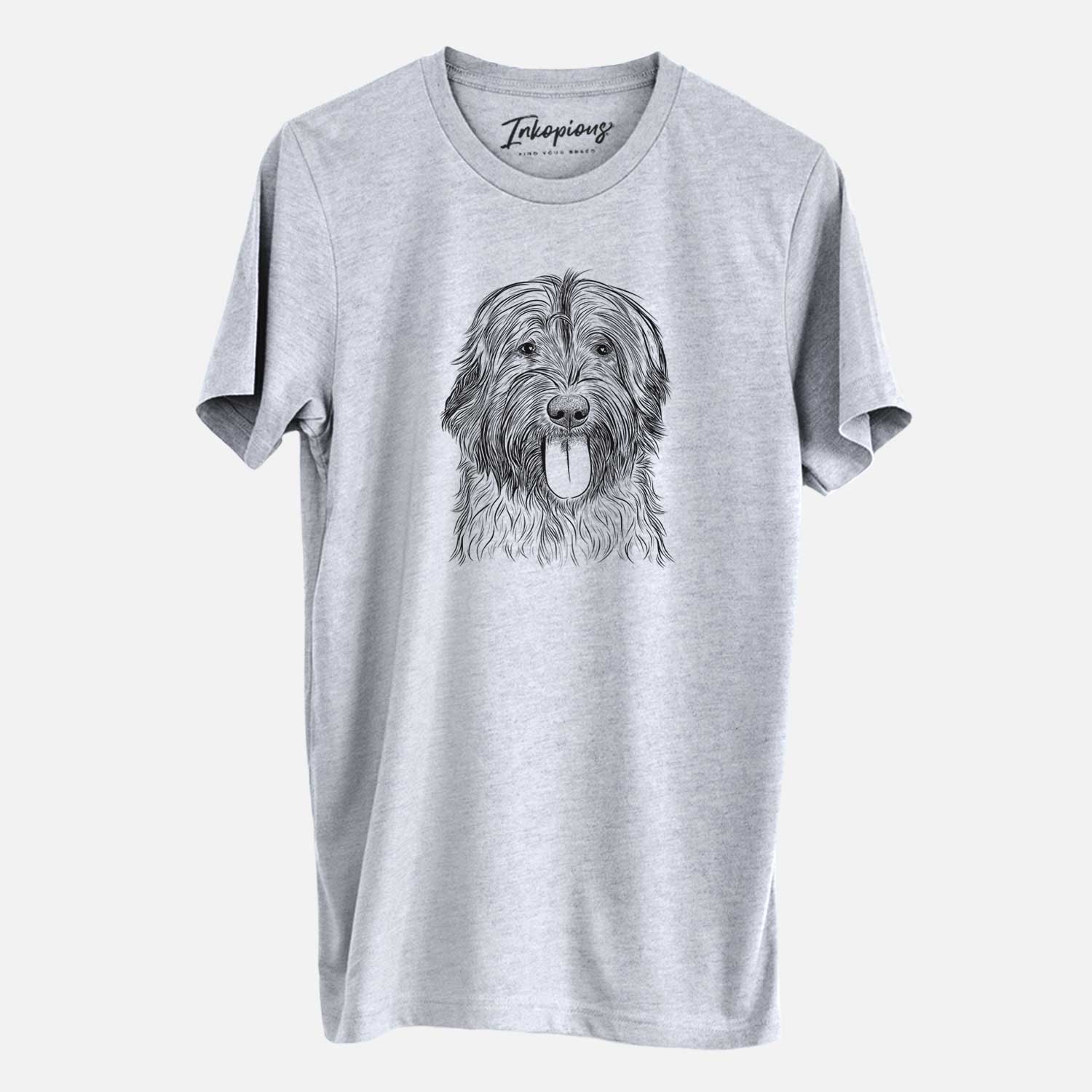 Hand-drawn sketch of Puig the Catalan Sheepdog on a Grey Unisex crewneck
