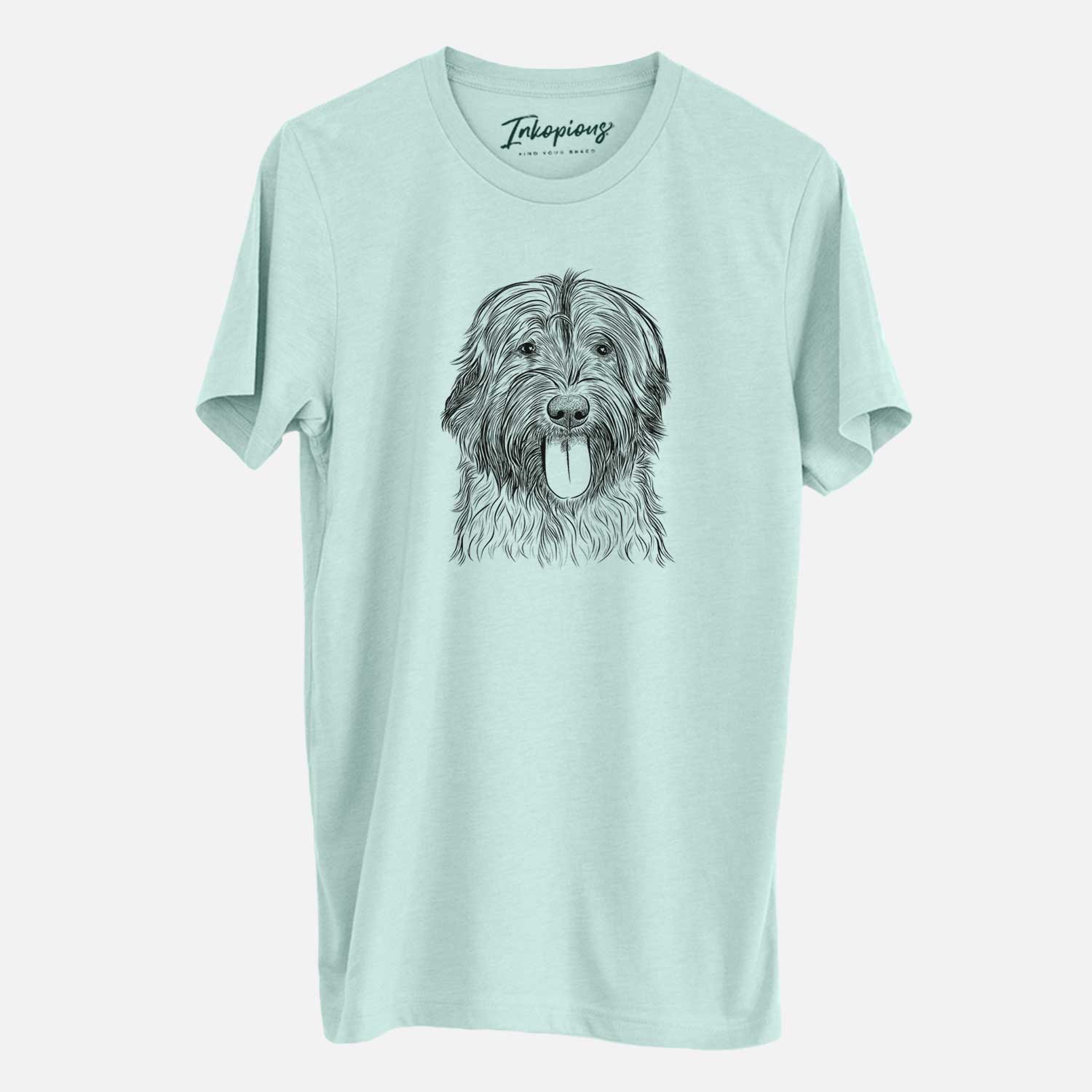 Hand-drawn sketch of Puig the Catalan Sheepdog on a Heather Sage Unisex crewneck